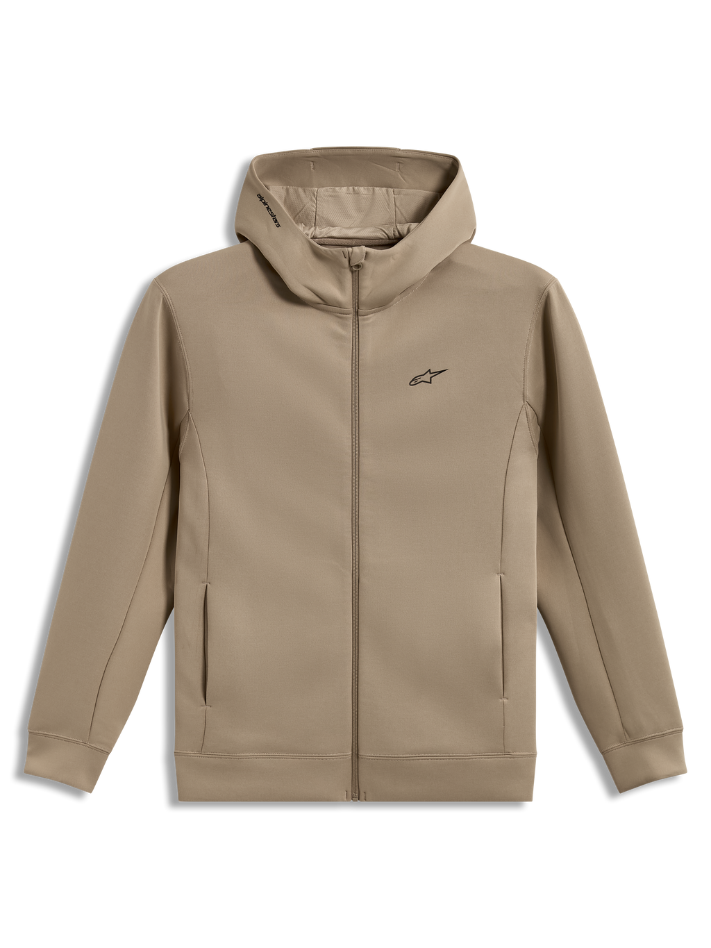 Alpinestars Cypher Hoodie, beige Zip-Kapuzenjacke aus Tri-Blend-Fleece, hoher Kragen mit Mesh-Futter, schwarzes Astars-Logo.