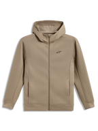 Alpinestars Cypher Hoodie, beige Zip-Kapuzenjacke aus Tri-Blend-Fleece, hoher Kragen mit Mesh-Futter, schwarzes Astars-Logo.