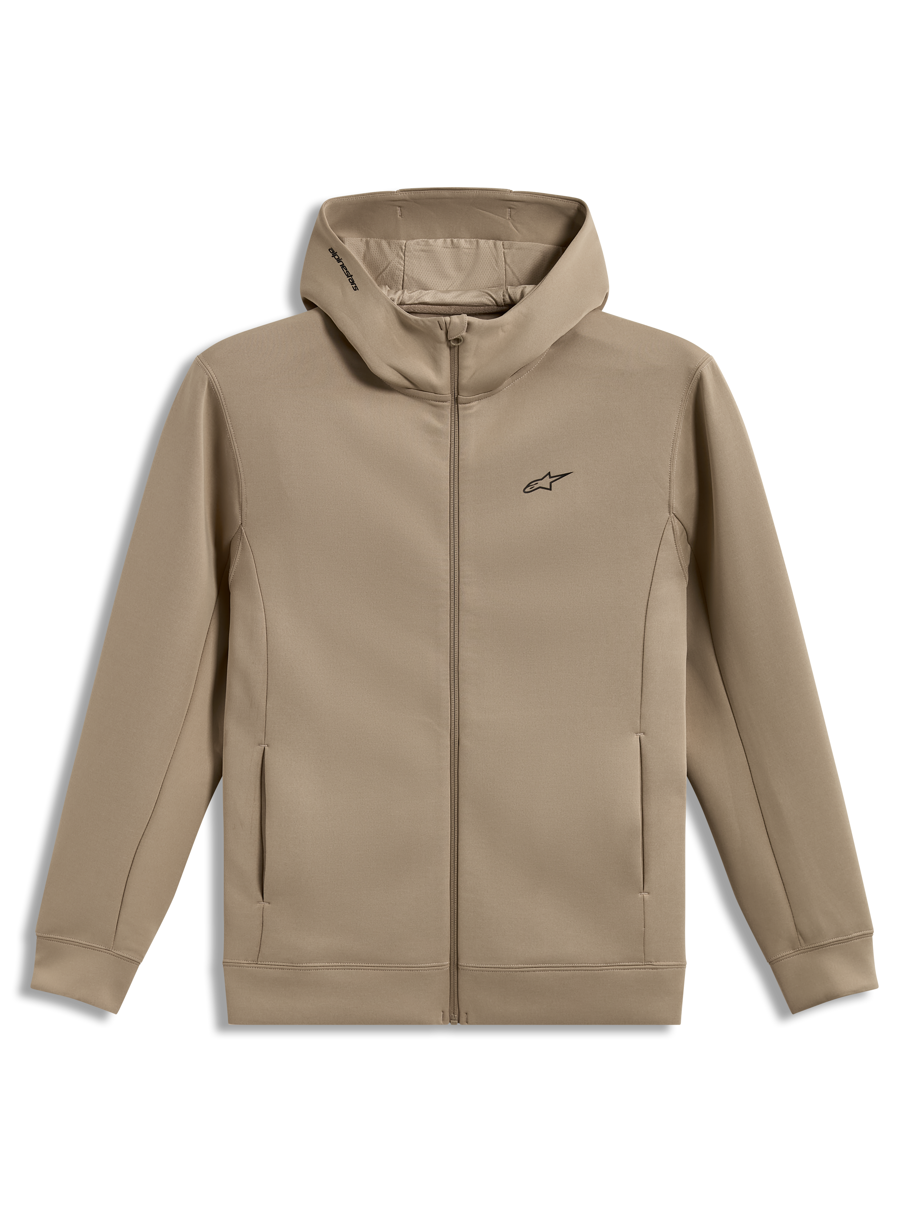 Alpinestars Cypher Hoodie, beige Zip-Kapuzenjacke aus Tri-Blend-Fleece, hoher Kragen mit Mesh-Futter, schwarzes Astars-Logo.