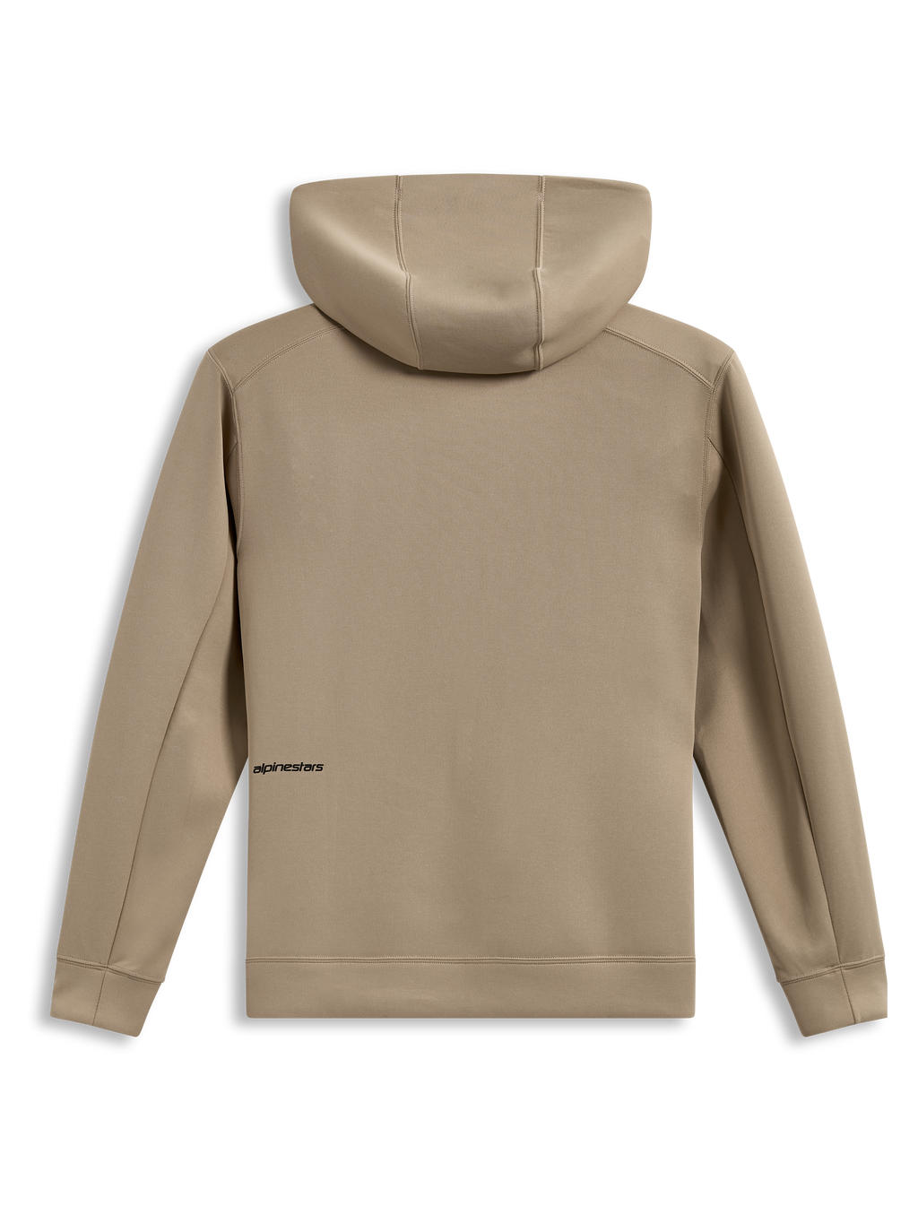 Alpinestars Cypher Hoodie, technische Kapuzenjacke in Beige, Rückansicht mit Kapuze und hohem Kragen, Tri-Blend-Fleece, dezentes Alpinestars-Wortlogo, Motorsport-Sportswear