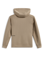 Alpinestars Cypher Hoodie, technische Kapuzenjacke in Beige, Rückansicht mit Kapuze und hohem Kragen, Tri-Blend-Fleece, dezentes Alpinestars-Wortlogo, Motorsport-Sportswear
