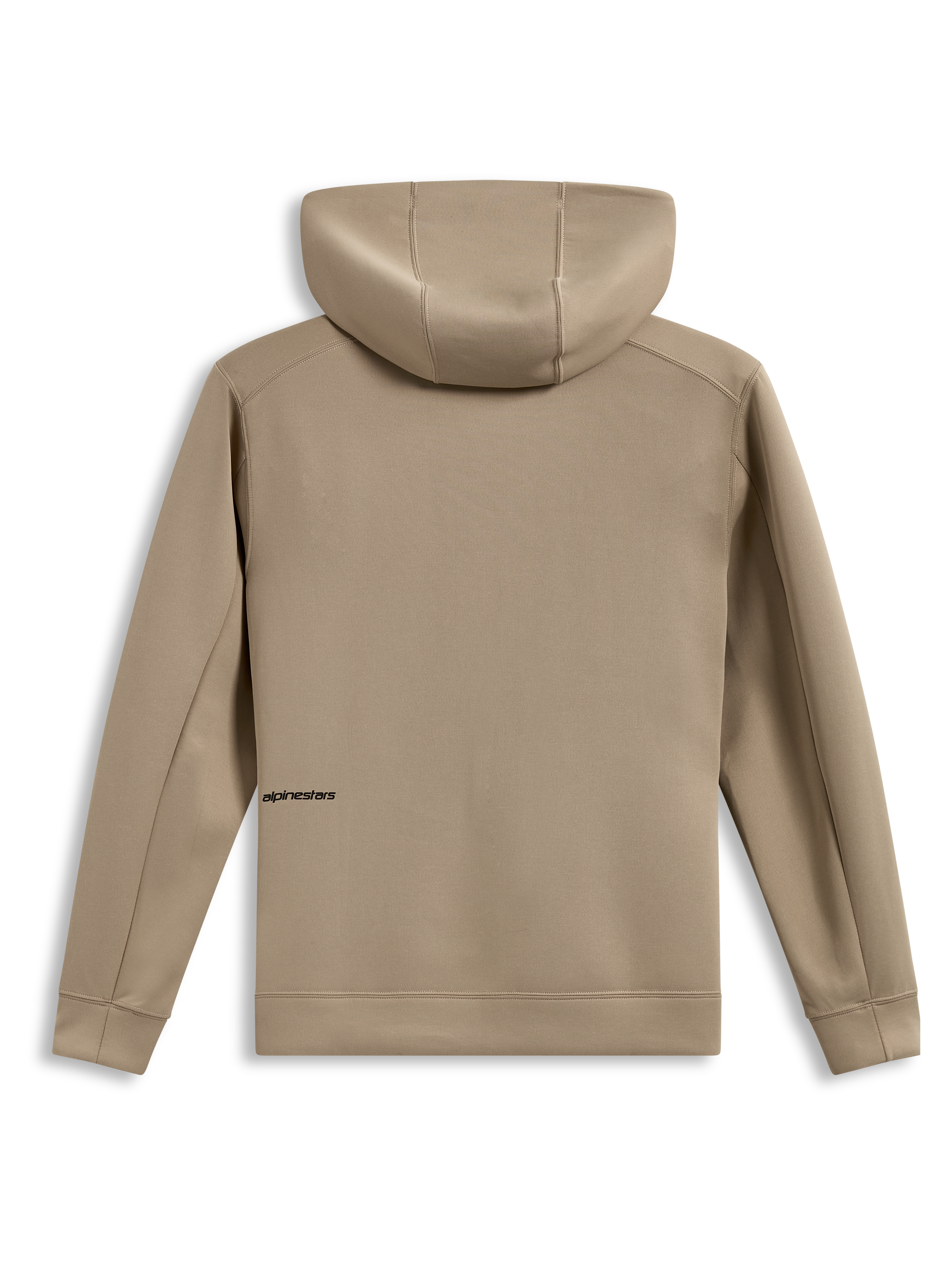 Alpinestars Cypher Hoodie, technische Kapuzenjacke in Beige, Rückansicht mit Kapuze und hohem Kragen, Tri-Blend-Fleece, dezentes Alpinestars-Wortlogo, Motorsport-Sportswear