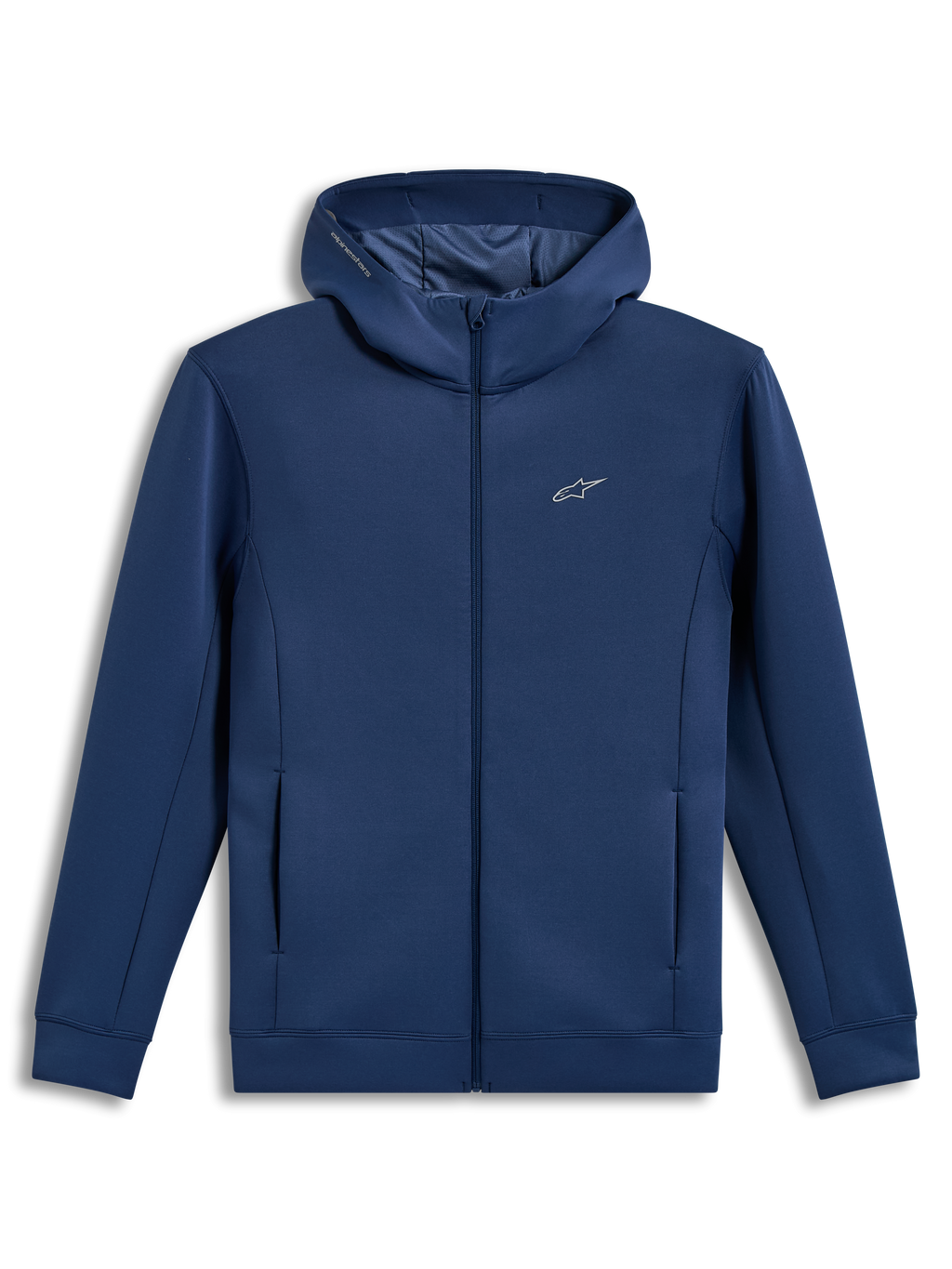 Alpinestars Cypher Hoodie, sportlicher Zip-Hoodie in Blau aus Tri-Blend-Fleece mit meshgefütterter Kapuze und Astars-Logo.