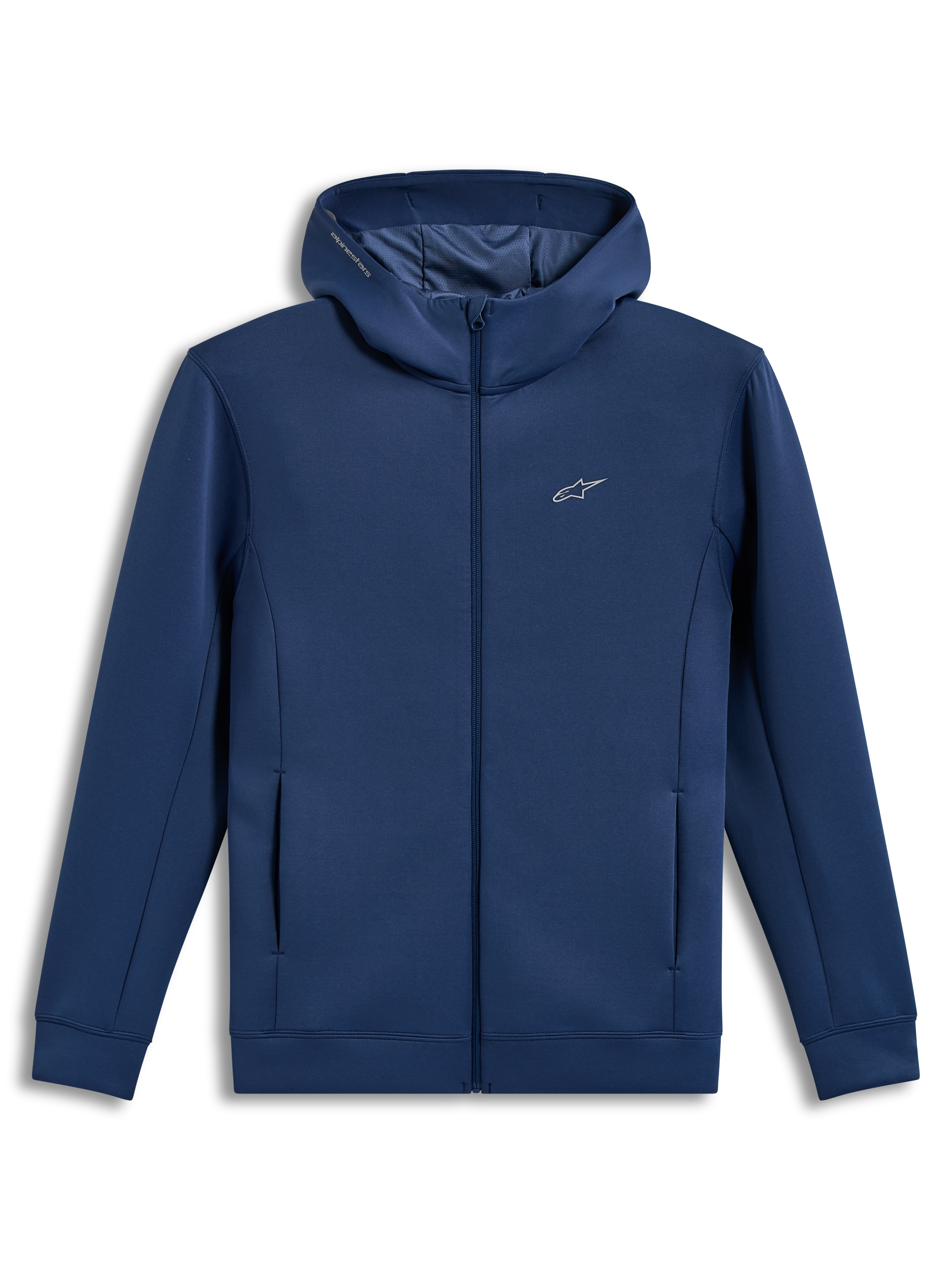 Alpinestars Cypher Hoodie, sportlicher Zip-Hoodie in Blau aus Tri-Blend-Fleece mit meshgefütterter Kapuze und Astars-Logo.