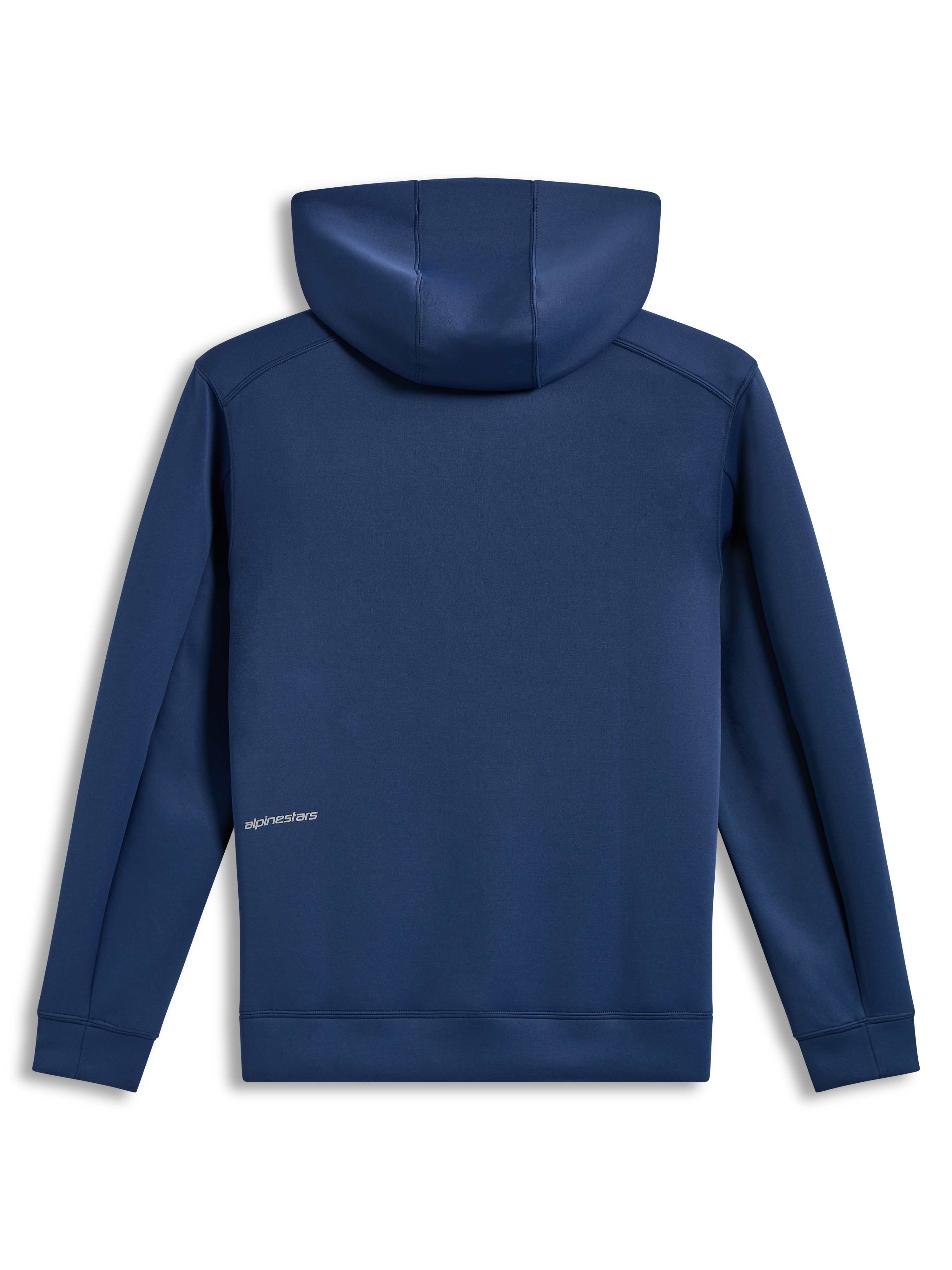Alpinestars Cypher Hoodie, Kapuzenjacke in Stahlblau aus Tri-Blend-Fleece, Rückansicht mit Alpinestars-Wortlogo.