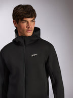 Alpinestars Cypher Hoodie, casual sportswear, black zip-front hoodie with white Astars logo on chest, high-neck hood design, worn by male model