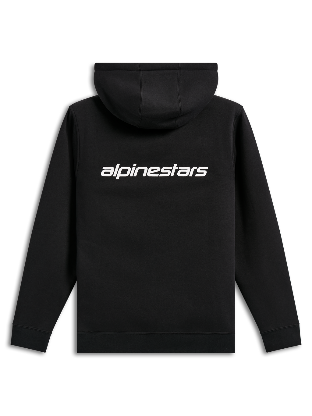 Alpinestars Transverse Hoodie, lässige Streetwear, Schwarz mit weißem Alpinestars-Wortlogo auf der Rückseite, Kapuzenfleece, Rippbündchen und Saum, modernes, vom Motorsport inspiriertes Design