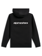 Alpinestars Transverse Hoodie, lässige Streetwear, Schwarz mit weißem Alpinestars-Wortlogo auf der Rückseite, Kapuzenfleece, Rippbündchen und Saum, modernes, vom Motorsport inspiriertes Design