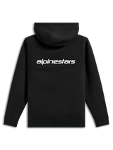 Alpinestars Transverse Hoodie, casual streetwear, black with white Alpinestars word logo on the back, hooded fleece, ribbed cuffs and hem, modern motorsport-inspired design