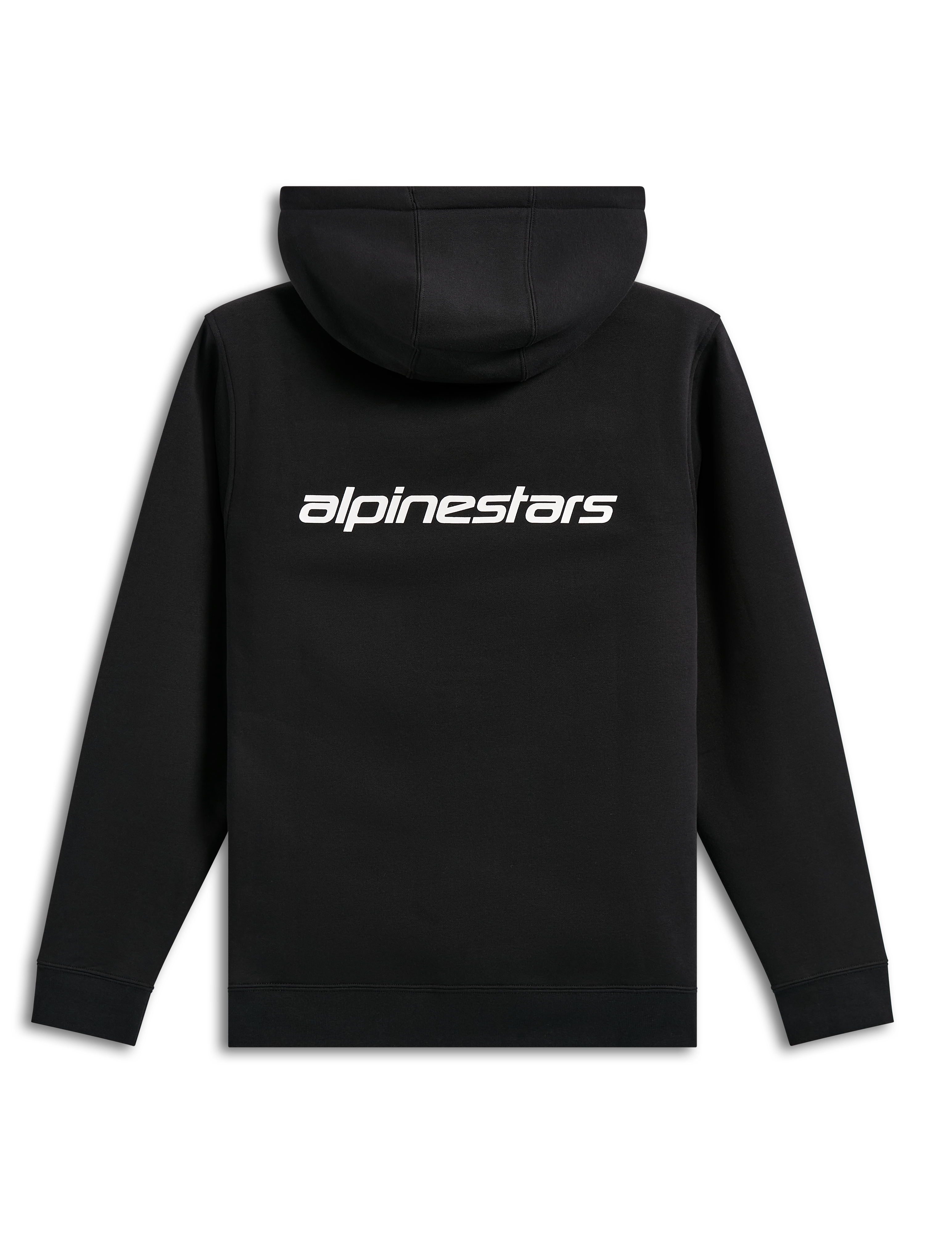 Alpinestars Transverse Hoodie, lässige Streetwear, Schwarz mit weißem Alpinestars-Wortlogo auf der Rückseite, Kapuzenfleece, Rippbündchen und Saum, modernes, vom Motorsport inspiriertes Design
