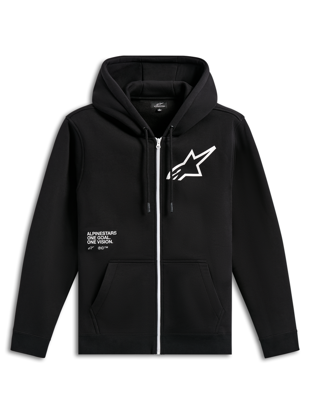 Alpinestars Transverse Hoodie, schwarzer Fleece-Hoodie mit Frontreißverschluss, weißer Reißverschluss, großes weißes Astars-Logo auf der Brust, „One Goal, One Vision“-Grafik, Kapuze mit Kordelzug und Rippbündchen, lässige Motorsport-Streetwear