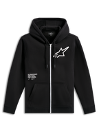 Alpinestars Transverse Hoodie, schwarzer Fleece-Hoodie mit Frontreißverschluss, weißer Reißverschluss, großes weißes Astars-Logo auf der Brust, „One Goal, One Vision“-Grafik, Kapuze mit Kordelzug und Rippbündchen, lässige Motorsport-Streetwear