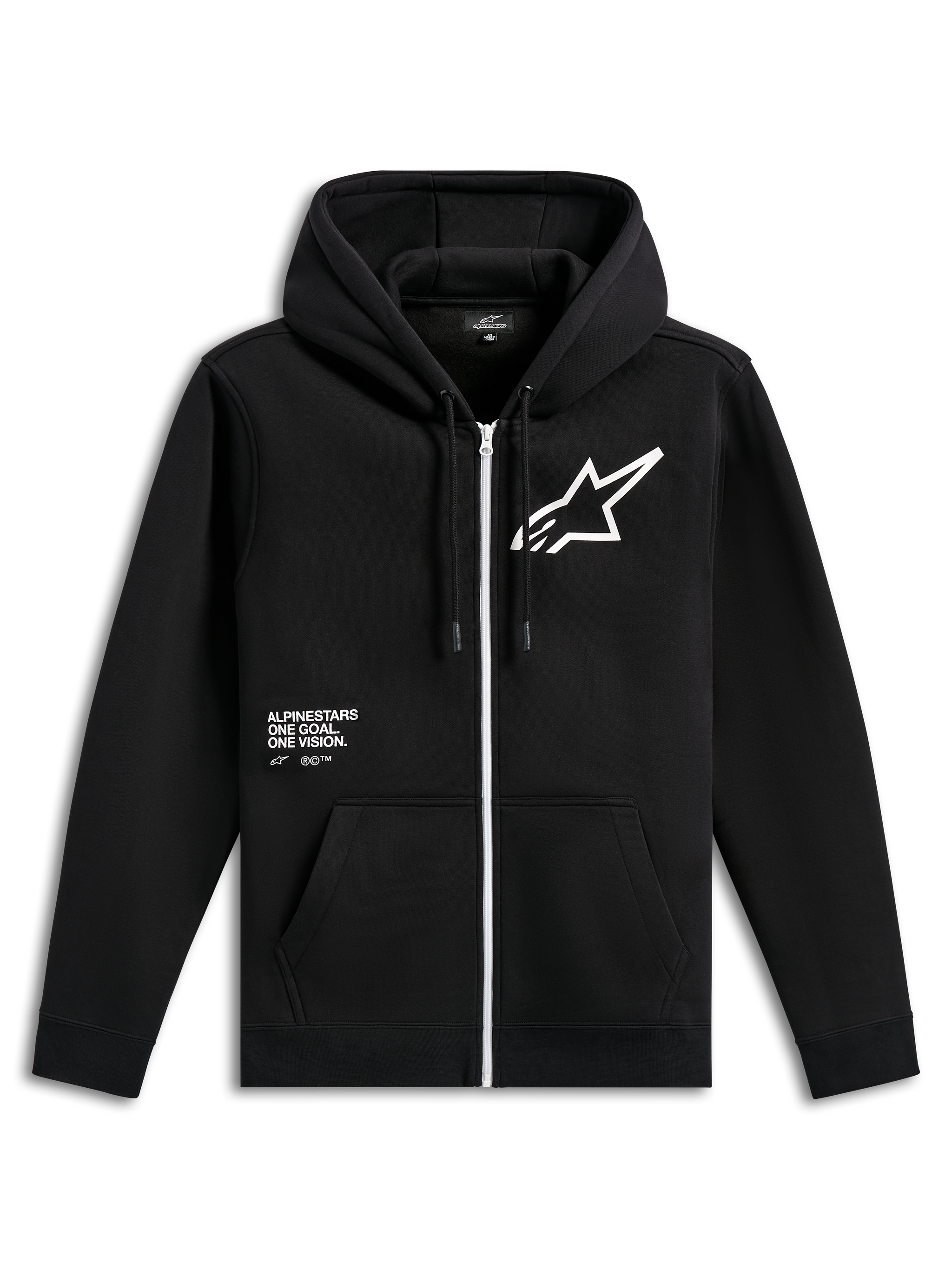 Alpinestars Transverse Hoodie, black zip-front fleece, featuring a white zipper, large white Astars logo on the chest, 'One Goal, One Vision' text graphic, drawstring hood, and ribbed cuffs, casual motorsport streetwear