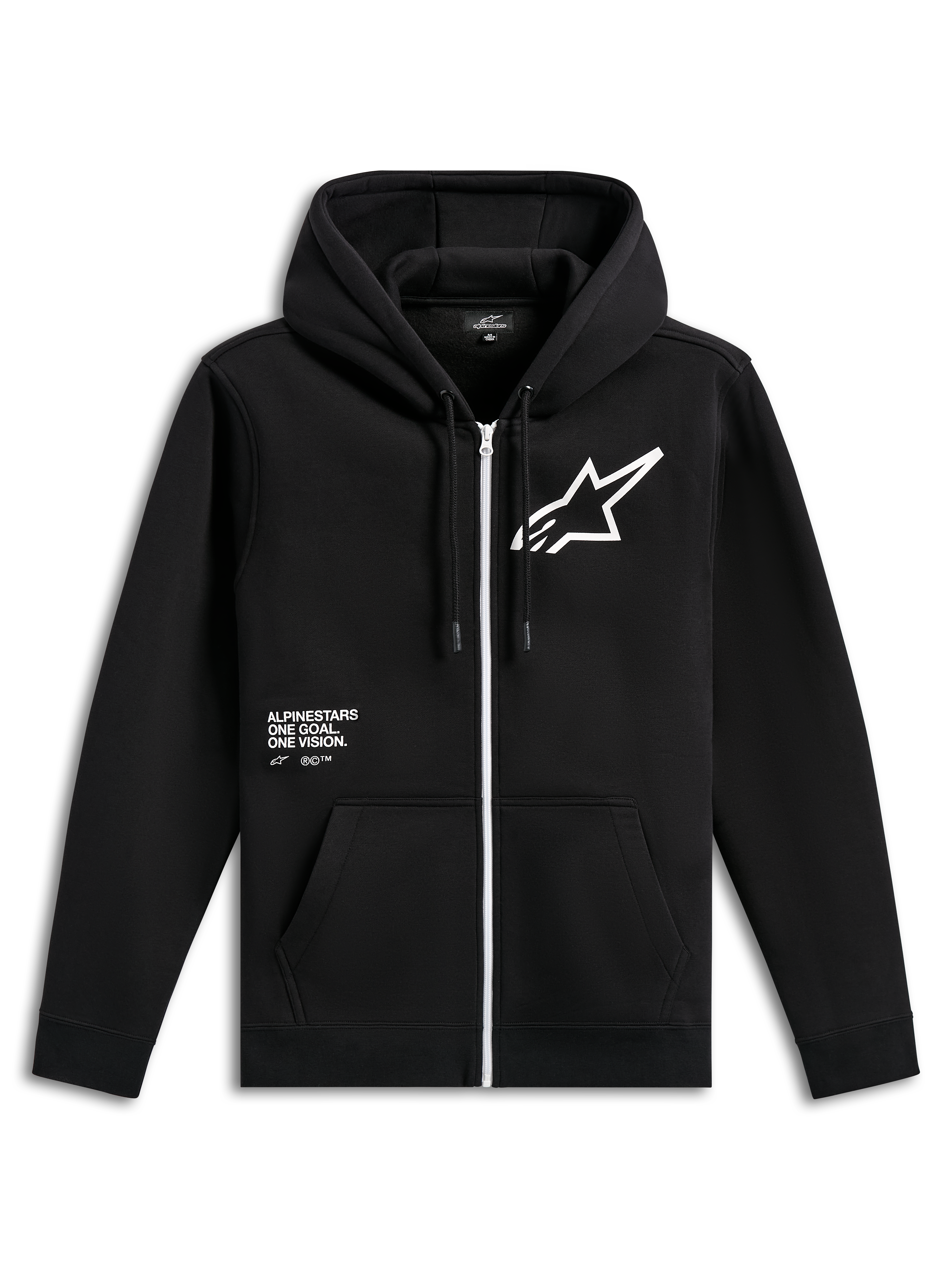 Alpinestars Transverse Hoodie, schwarzer Fleece-Hoodie mit Frontreißverschluss, weißer Reißverschluss, großes weißes Astars-Logo auf der Brust, „One Goal, One Vision“-Grafik, Kapuze mit Kordelzug und Rippbündchen, lässige Motorsport-Streetwear