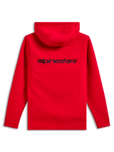 Alpinestars Transverse Hoodie, Rückansicht, Rot, schwarzes Alpinestars-Wortlogo auf dem oberen Rücken, lässiger Kapuzenpullover mit Rippbündchen und Saum
