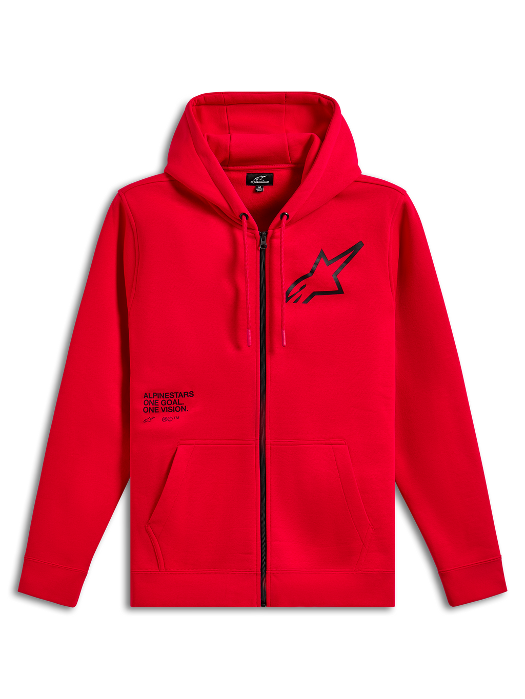 Alpinestars Transverse Hoodie, Fleece-Hoodie mit Front-Reißverschluss, Rot, schwarzes Astars-Logo auf der Brust mit One Goal One Vision Textaufdruck, Kapuze mit Kordelzug, Kängurutaschen, Rippbündchen und Saum, lässige Motorsport-Streetwear
