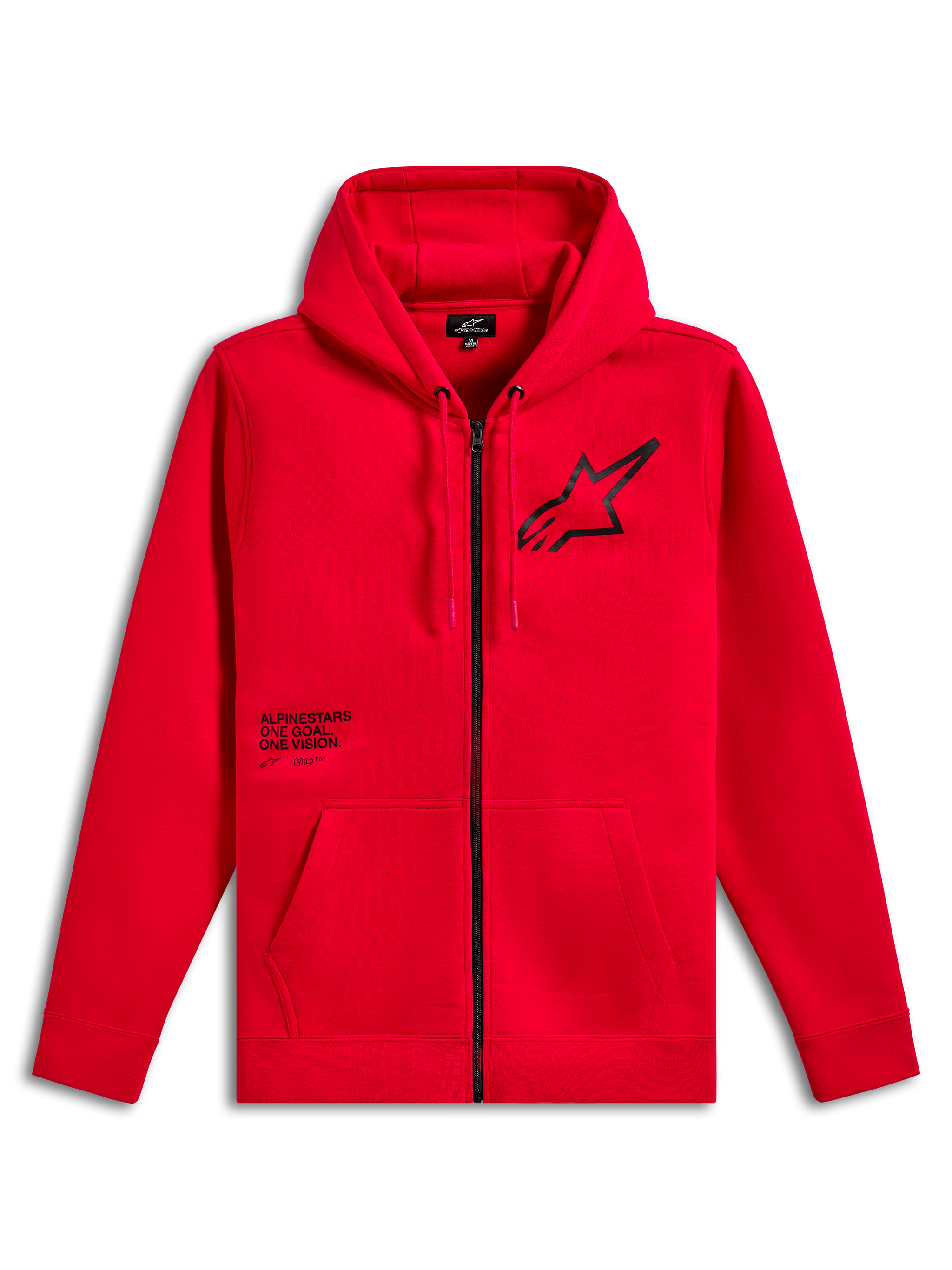 Alpinestars Transverse Hoodie, Fleece-Hoodie mit Front-Reißverschluss, Rot, schwarzes Astars-Logo auf der Brust mit One Goal One Vision Textaufdruck, Kapuze mit Kordelzug, Kängurutaschen, Rippbündchen und Saum, lässige Motorsport-Streetwear