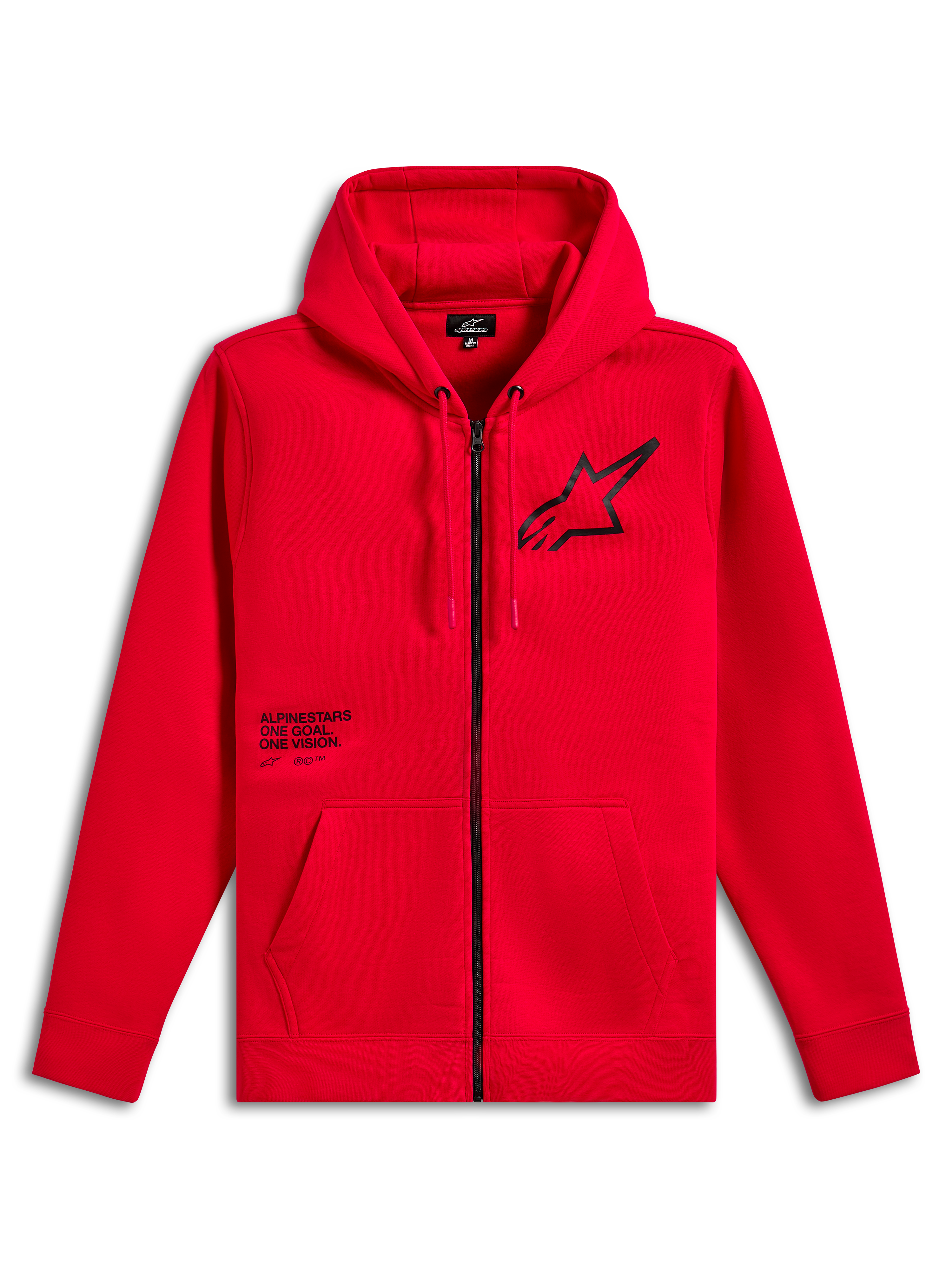 Alpinestars Transverse Hoodie, Fleece-Hoodie mit Front-Reißverschluss, Rot, schwarzes Astars-Logo auf der Brust mit One Goal One Vision Textaufdruck, Kapuze mit Kordelzug, Kängurutaschen, Rippbündchen und Saum, lässige Motorsport-Streetwear
