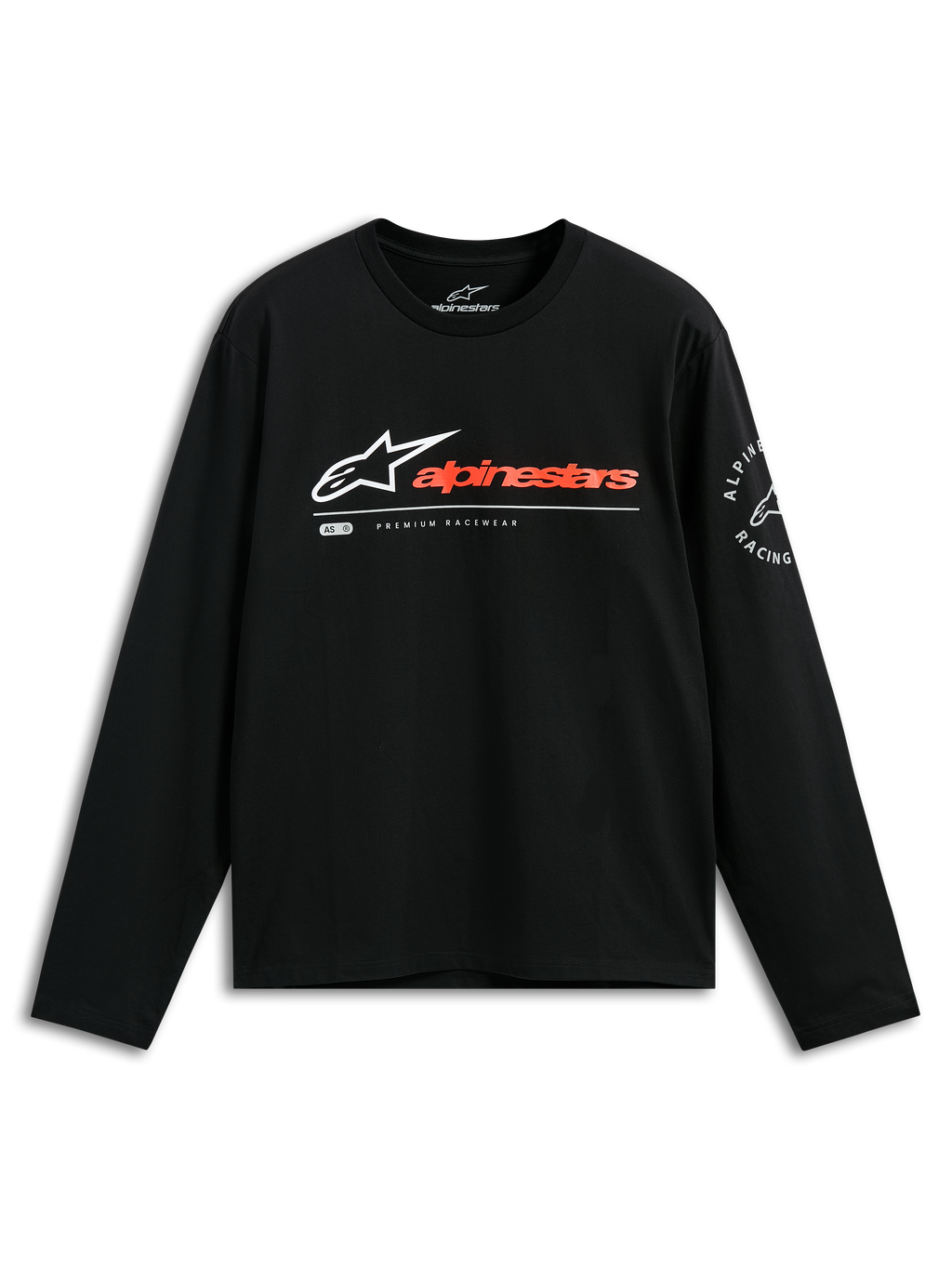 Alpinestars Mandatory CSF Tee, Langarmshirt, Schwarz, weißes Astars-Logo mit rötlich-orangem Schriftzug, kreisförmige Alpinestars Racing Grafik am Ärmel, lässige Motorsport-Streetwear
