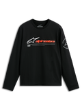 Alpinestars Mandatory CSF Tee, Langarmshirt, Schwarz, weißes Astars-Logo mit rötlich-orangem Schriftzug, kreisförmige Alpinestars Racing Grafik am Ärmel, lässige Motorsport-Streetwear