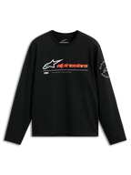 Alpinestars Mandatory CSF Tee, Langarmshirt, Schwarz, weißes Astars-Logo mit rötlich-orangem Schriftzug, kreisförmige Alpinestars Racing Grafik am Ärmel, lässige Motorsport-Streetwear