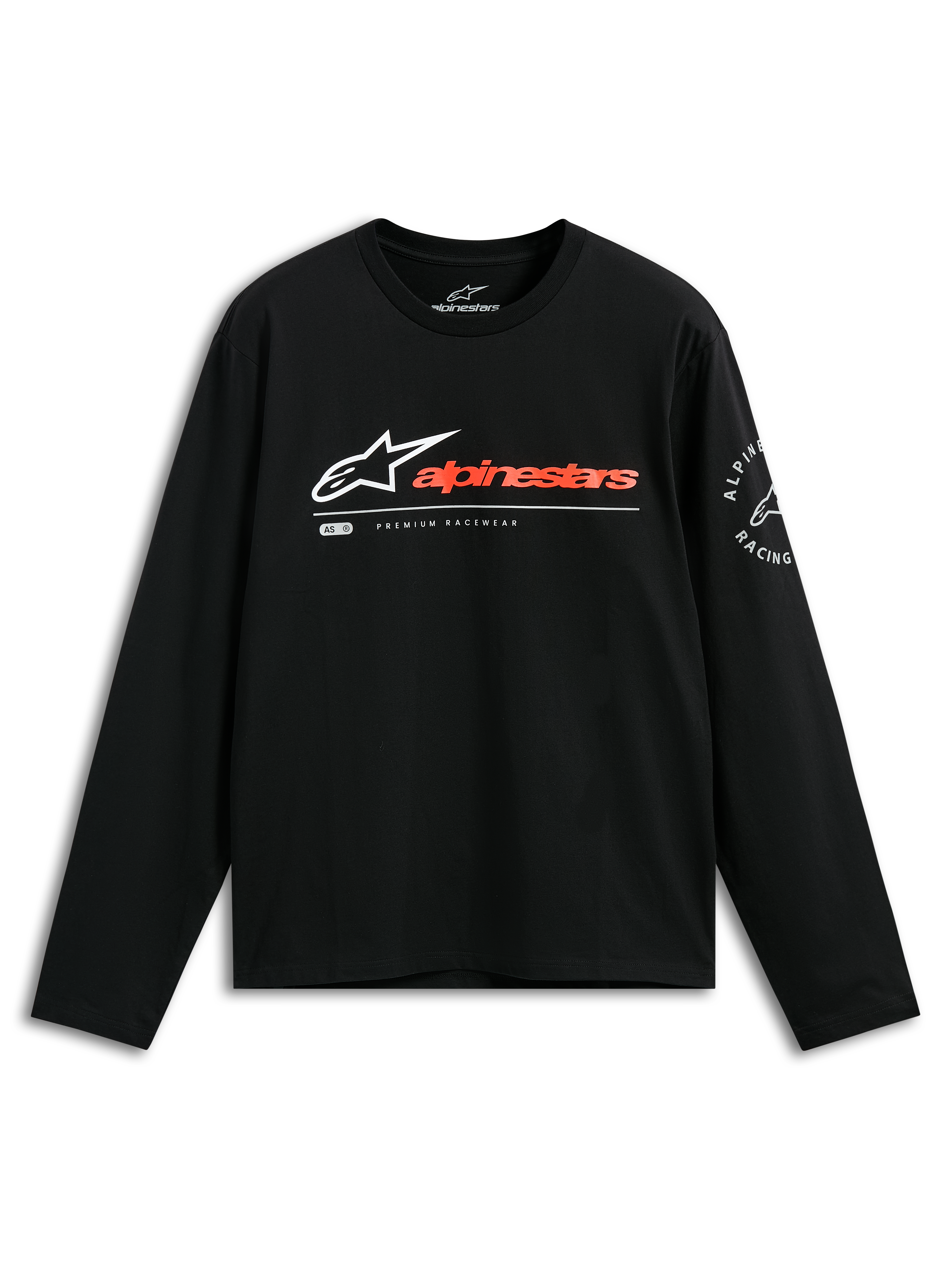 Alpinestars Mandatory CSF Tee, Langarmshirt, Schwarz, weißes Astars-Logo mit rötlich-orangem Schriftzug, kreisförmige Alpinestars Racing Grafik am Ärmel, lässige Motorsport-Streetwear