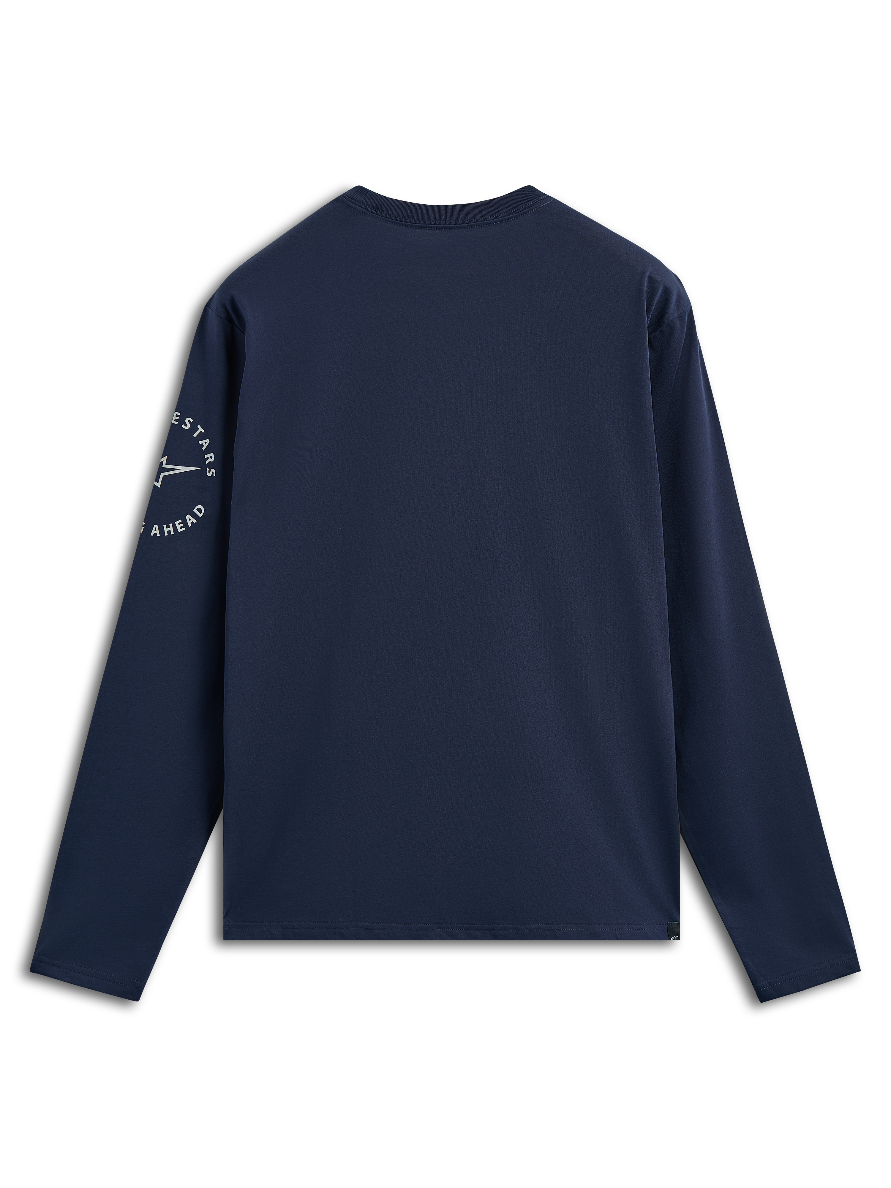 Alpinestars Mandatory CSF Tee, Long Sleeve T-Shirt, Navy Blue, back view showing white Astars circular logo on the left sleeve, casual motorsport-inspired streetwear