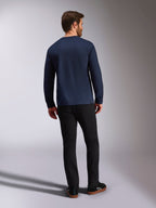 Alpinestars Mandatory CSF Long Sleeve Tee, Navy Blue, back view, worn with black pants, casual motorsport-inspired streetwear