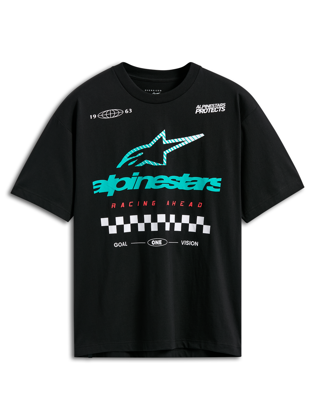 Alpinestars Aplomb Oversized CSF Tee, kurzärmeliges T-Shirt, Schwarz, großes blaugrün und weiß gestreiftes Astars-Logo, roter „Racing Ahead“-Schriftzug und Karografik, lässige Motorsport-Streetwear