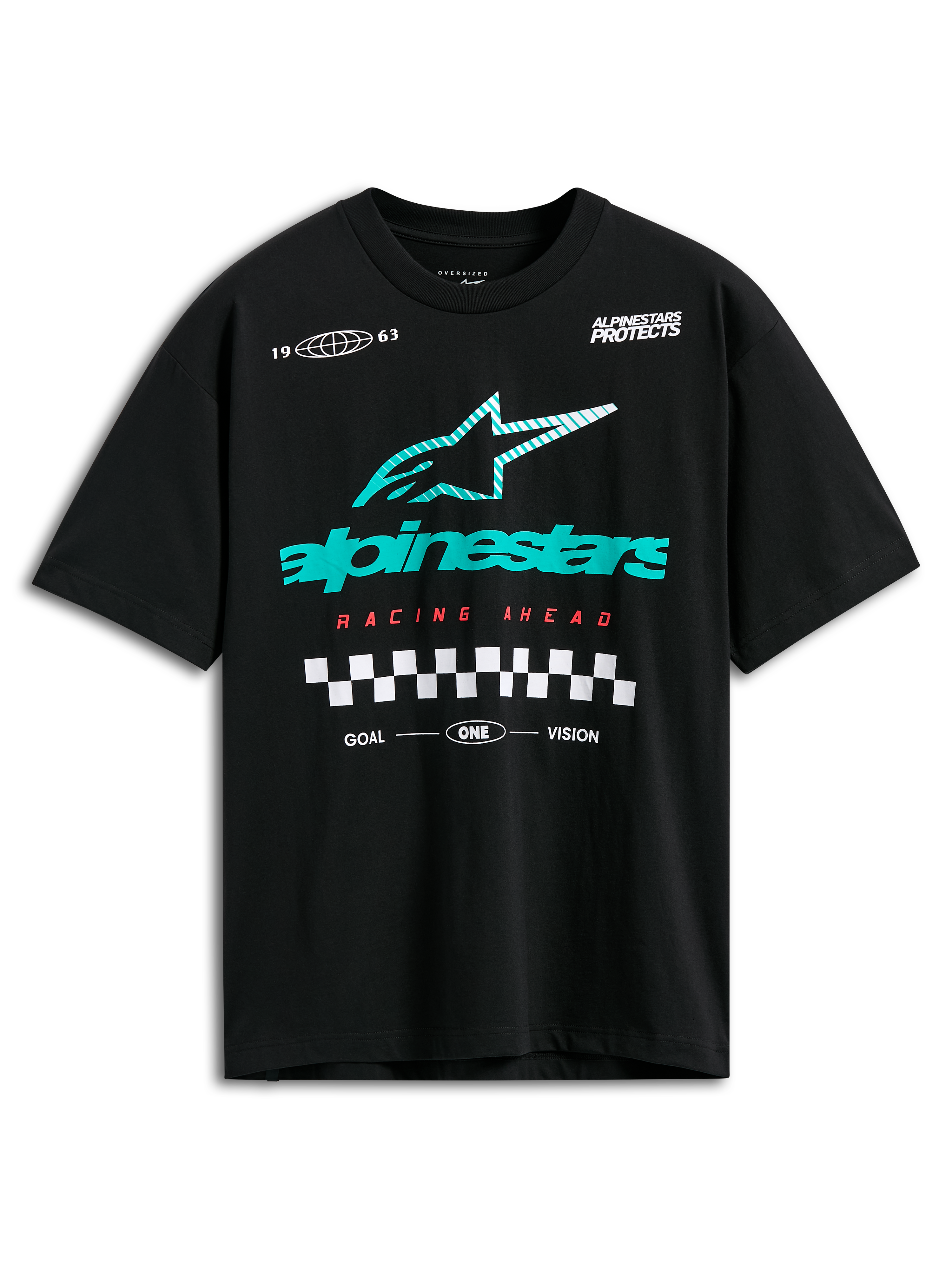 Alpinestars Aplomb Oversized CSF Tee, kurzärmeliges T-Shirt, Schwarz, großes blaugrün und weiß gestreiftes Astars-Logo, roter „Racing Ahead“-Schriftzug und Karografik, lässige Motorsport-Streetwear