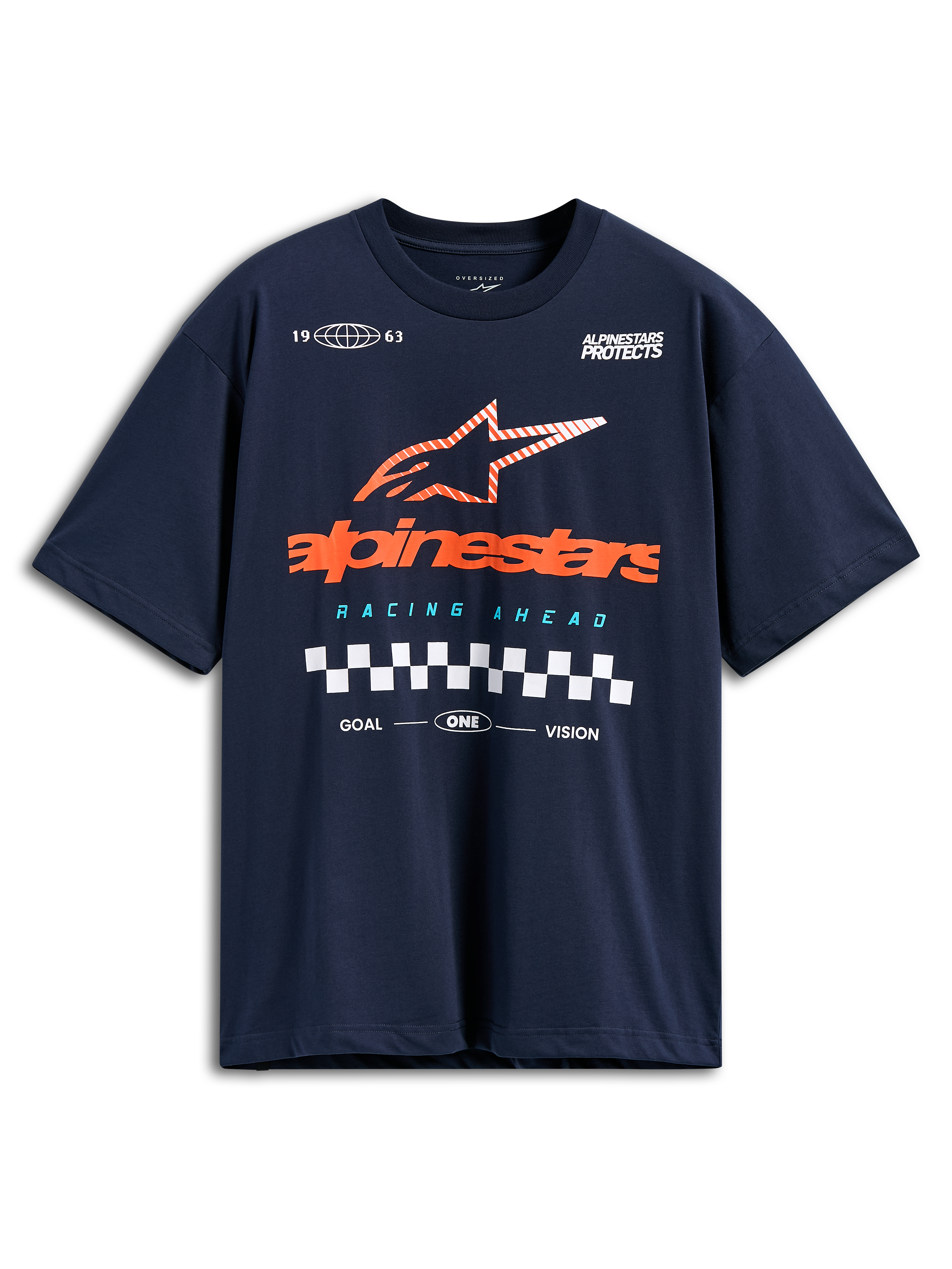Alpinestars Aplomb Oversized CSF Tee, Kurzarm-T-Shirt, Navyblau, großes orangefarbenes Alpinestars-Logo mit gestreiftem Stern und Zielflaggen-Detail, lässige Motorsport-Streetwear