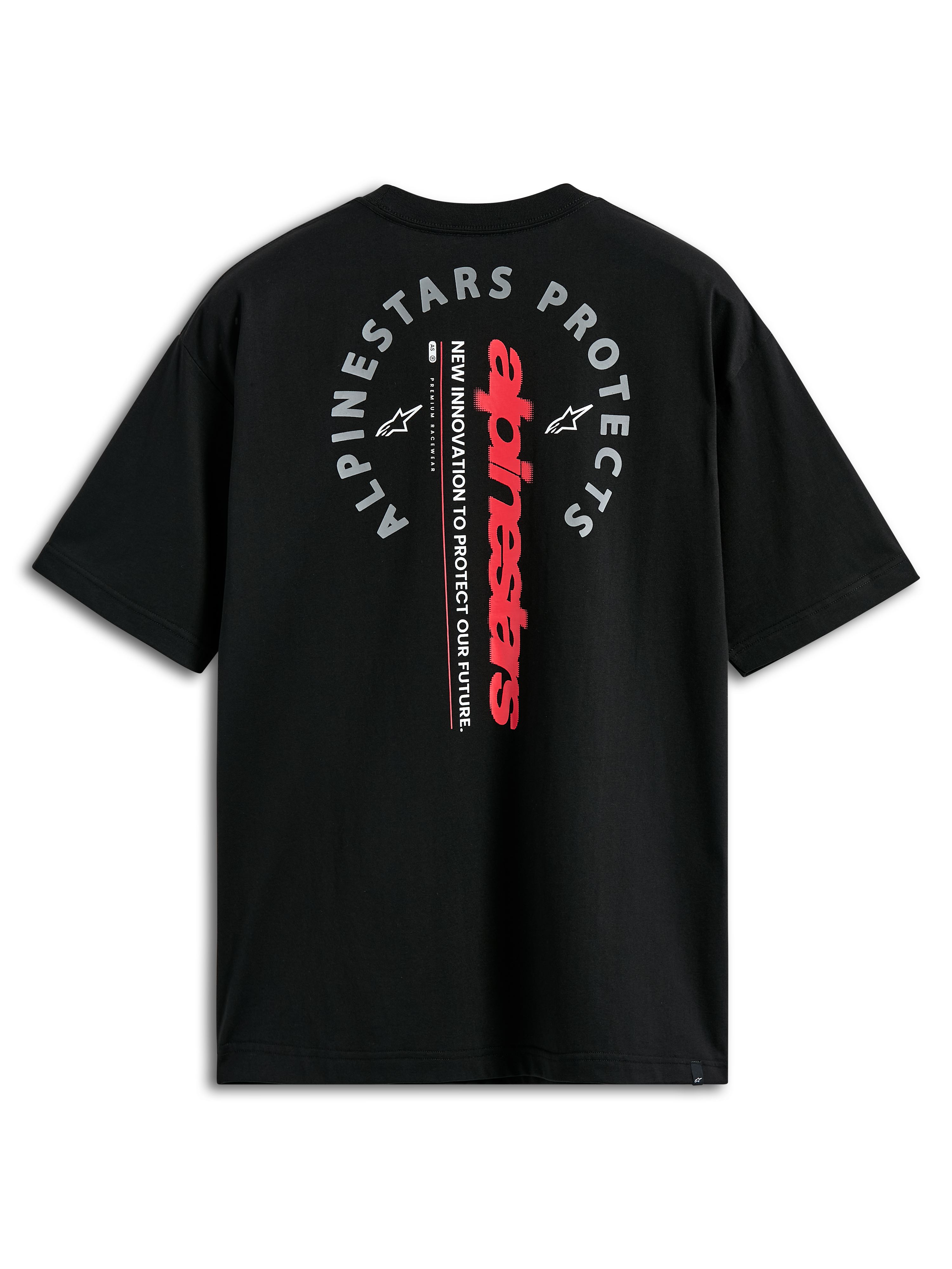 Alpinestars Overhang Oversized CSF Tee, Short Sleeve T-Shirt, Black, Back View with Red Vertical Wordmark and Grey 'Alpinestars Protects' Graphic, Casual Motorsport Streetwear