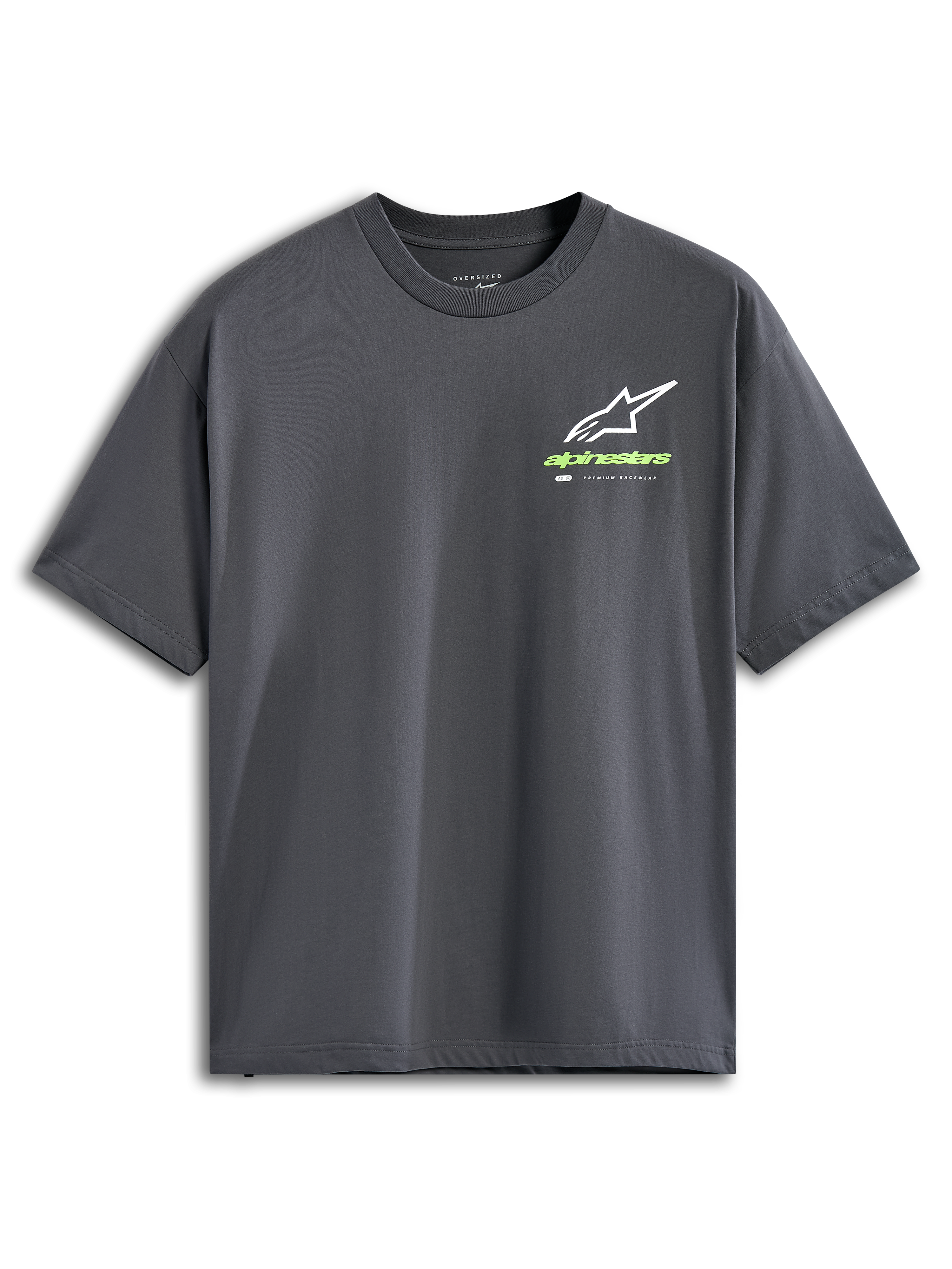 Alpinestars Overhang Oversized CSF Tee, Kurzarm-T-Shirt, Anthrazitgrau, weißes Astars Logo mit lindgrünem Schriftzug, lässige Motorsport-Streetwear