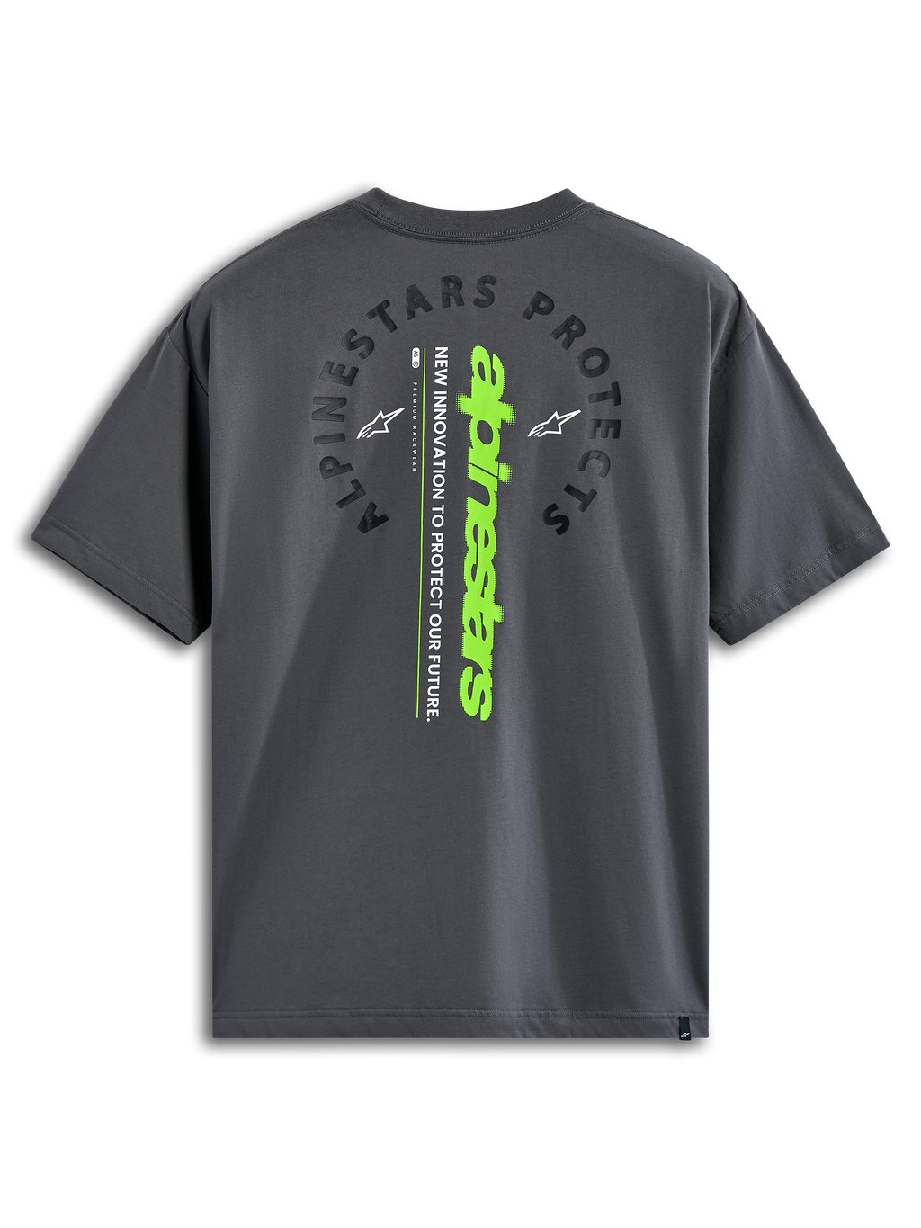 Alpinestars Overhang Oversized CSF Tee, Kurzarm-T-Shirt, Charcoal, Rückansicht mit bogenförmigem „Alpinestars Protects“-Schriftzug und vertikaler lindgrüner Wortmarke, lässige vom Motorsport inspirierte Streetwear