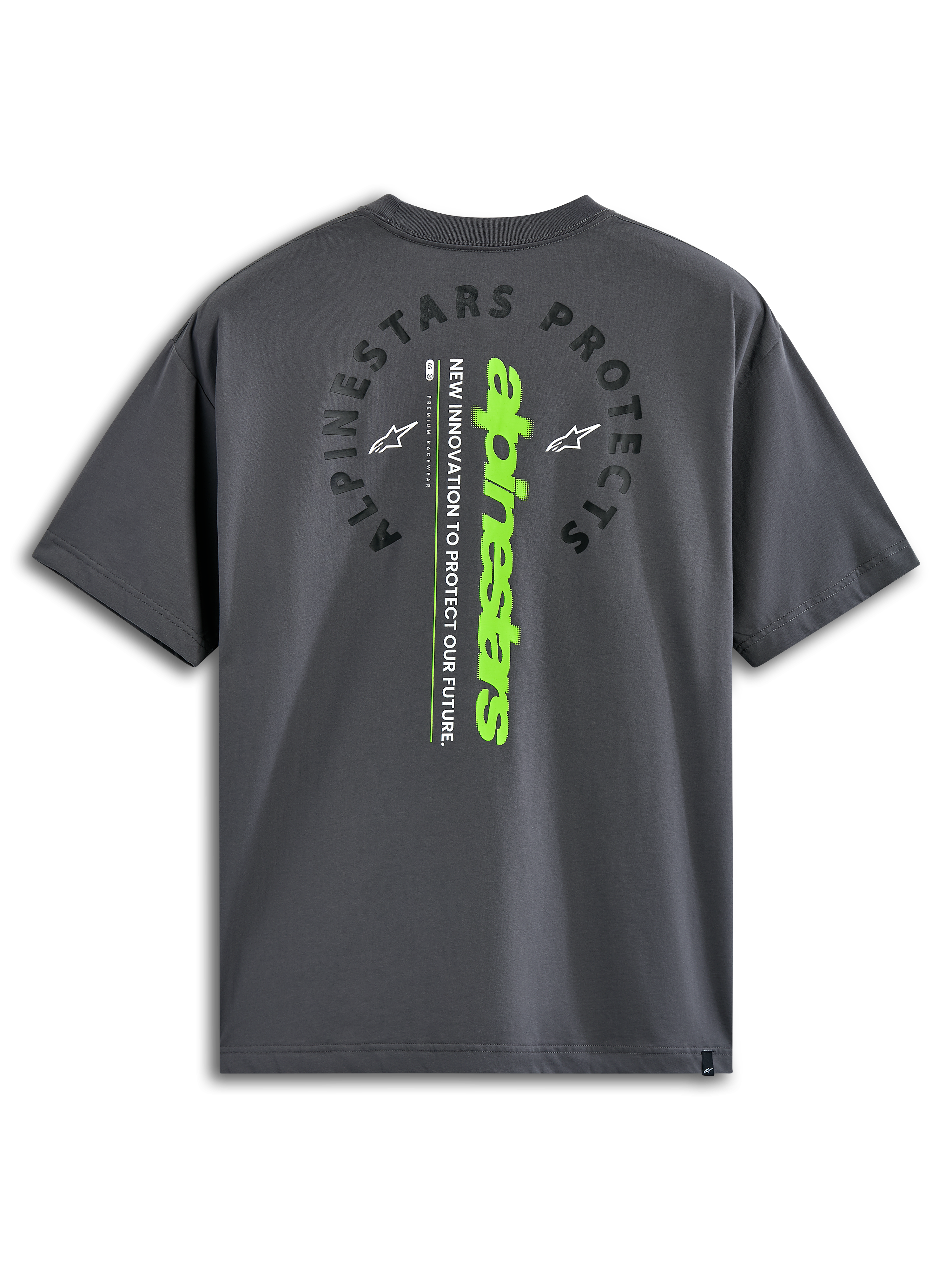 Alpinestars Overhang Oversized CSF Tee, Kurzarm-T-Shirt, Charcoal, Rückansicht mit bogenförmigem „Alpinestars Protects“-Schriftzug und vertikaler lindgrüner Wortmarke, lässige vom Motorsport inspirierte Streetwear