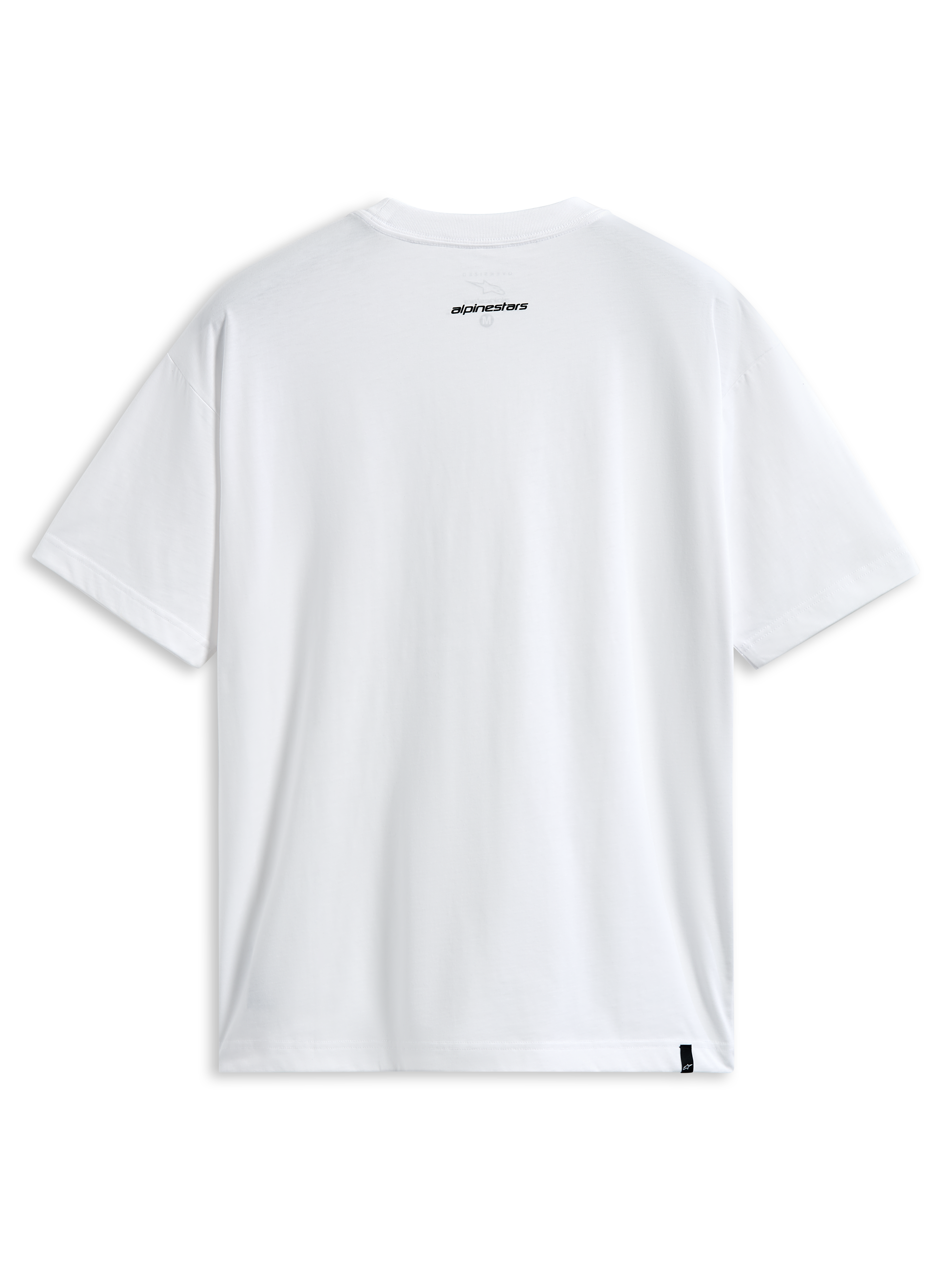 Alpinestars Focused Oversized CSF Tee, Kurzarm-T-Shirt, Weiß, Rückansicht mit kleinem schwarzem Alpinestars Wort-Logo im Nacken und externem Etikett am Saum, lässige Motorsport-Streetwear