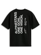 Alpinestars One Oversized CSF Tee, Kurzarm-T-Shirt, Schwarz, Rückansicht mit vertikalem weißen „ALPINESTARS ONE GOAL. ONE VISION.“ Schriftzug und Astars-Logo, lässige Motorsport-Streetwear