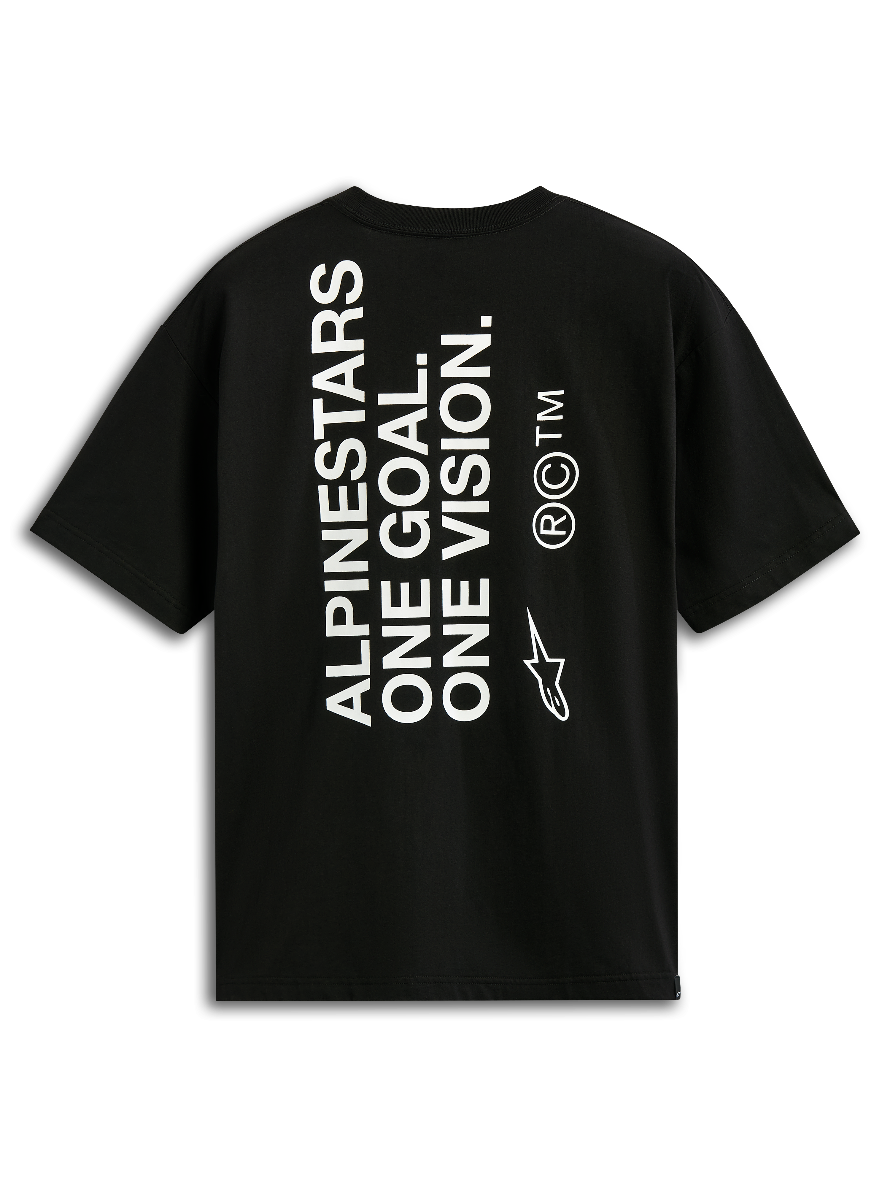 Alpinestars One Oversized CSF Tee, Kurzarm-T-Shirt, Schwarz, Rückansicht mit vertikalem weißen „ALPINESTARS ONE GOAL. ONE VISION.“ Schriftzug und Astars-Logo, lässige Motorsport-Streetwear