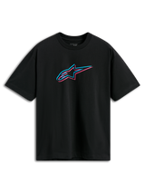 Alpinestars Alter Oversized CSF Tee, Short Sleeve T-Shirt, Black, Front Astars Logo with Pink and Blue Color Off-set, Casual Motorsport Streetwear
