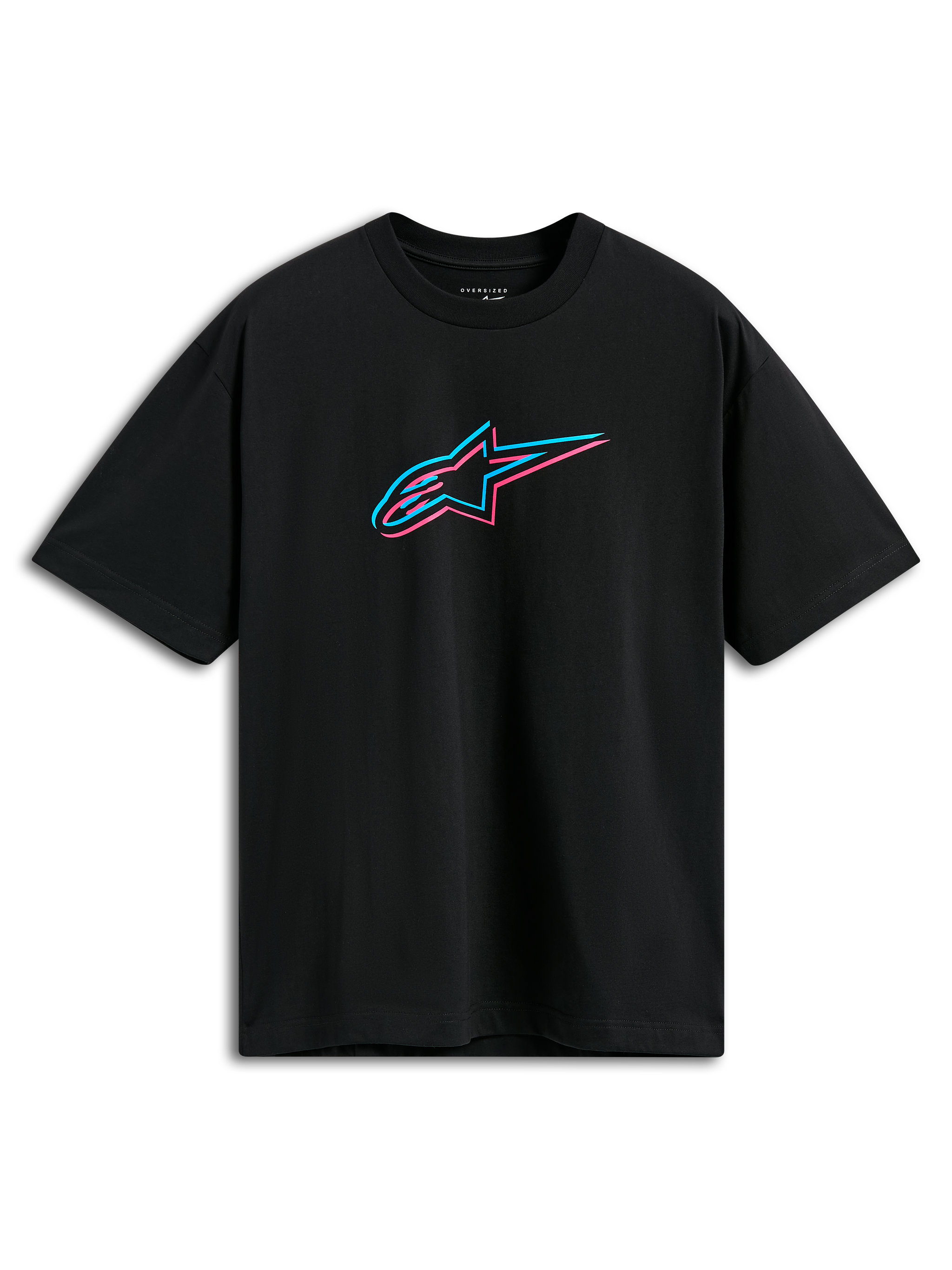 Alpinestars Alter Oversized CSF Tee, Short Sleeve T-Shirt, Black, Front Astars Logo with Pink and Blue Color Off-set, Casual Motorsport Streetwear