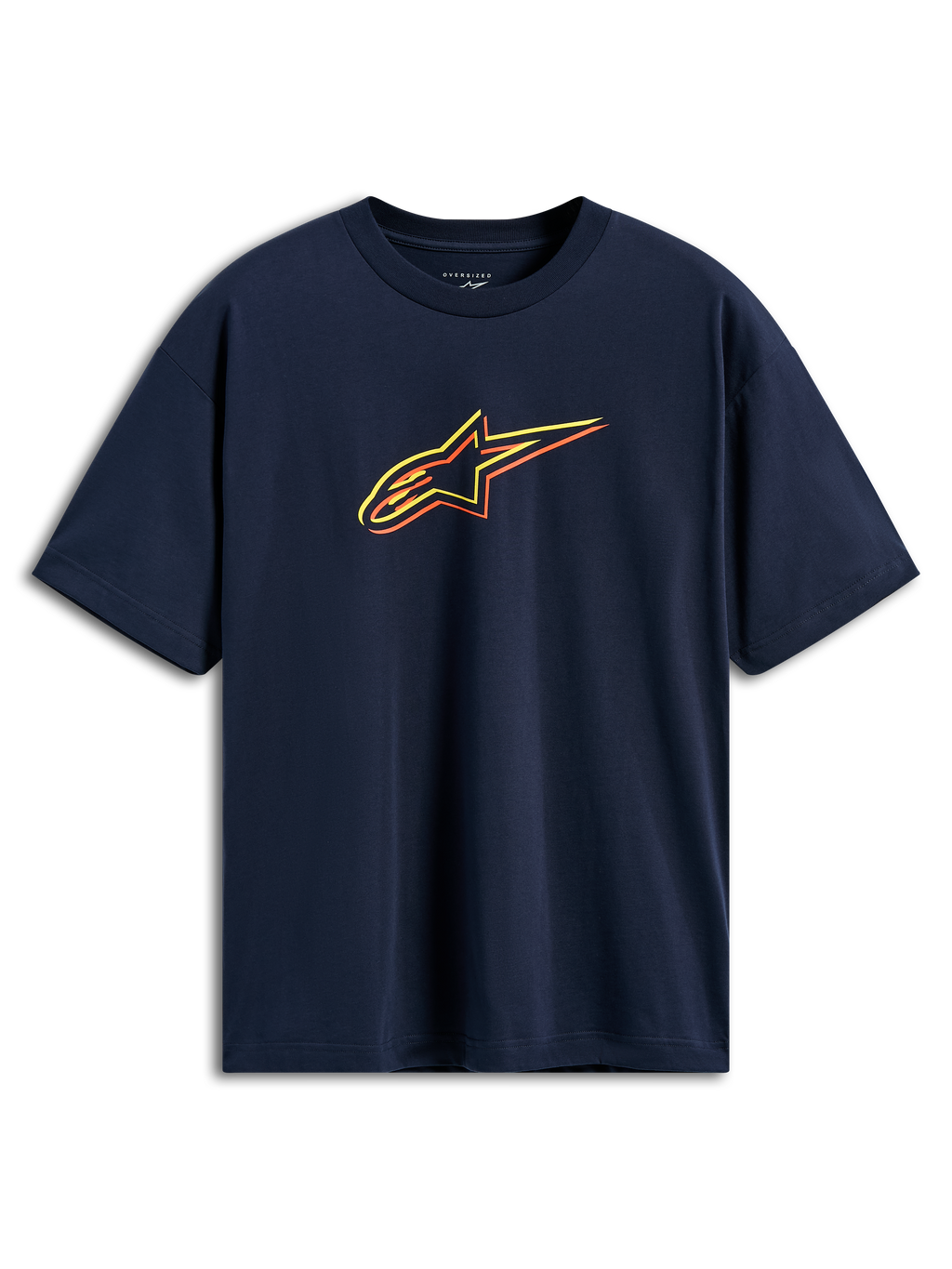 Alpinestars Alter Oversized CSF Tee, Kurzarm-T-Shirt, Navyblau, Astars-Logo mit gelben, orangen und roten Farbumrissen, lässige Motorsport-Streetwear