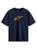 Alpinestars Alter Oversized CSF Tee, Kurzarm-T-Shirt, Navyblau, Astars-Logo mit gelben, orangen und roten Farbumrissen, lässige Motorsport-Streetwear