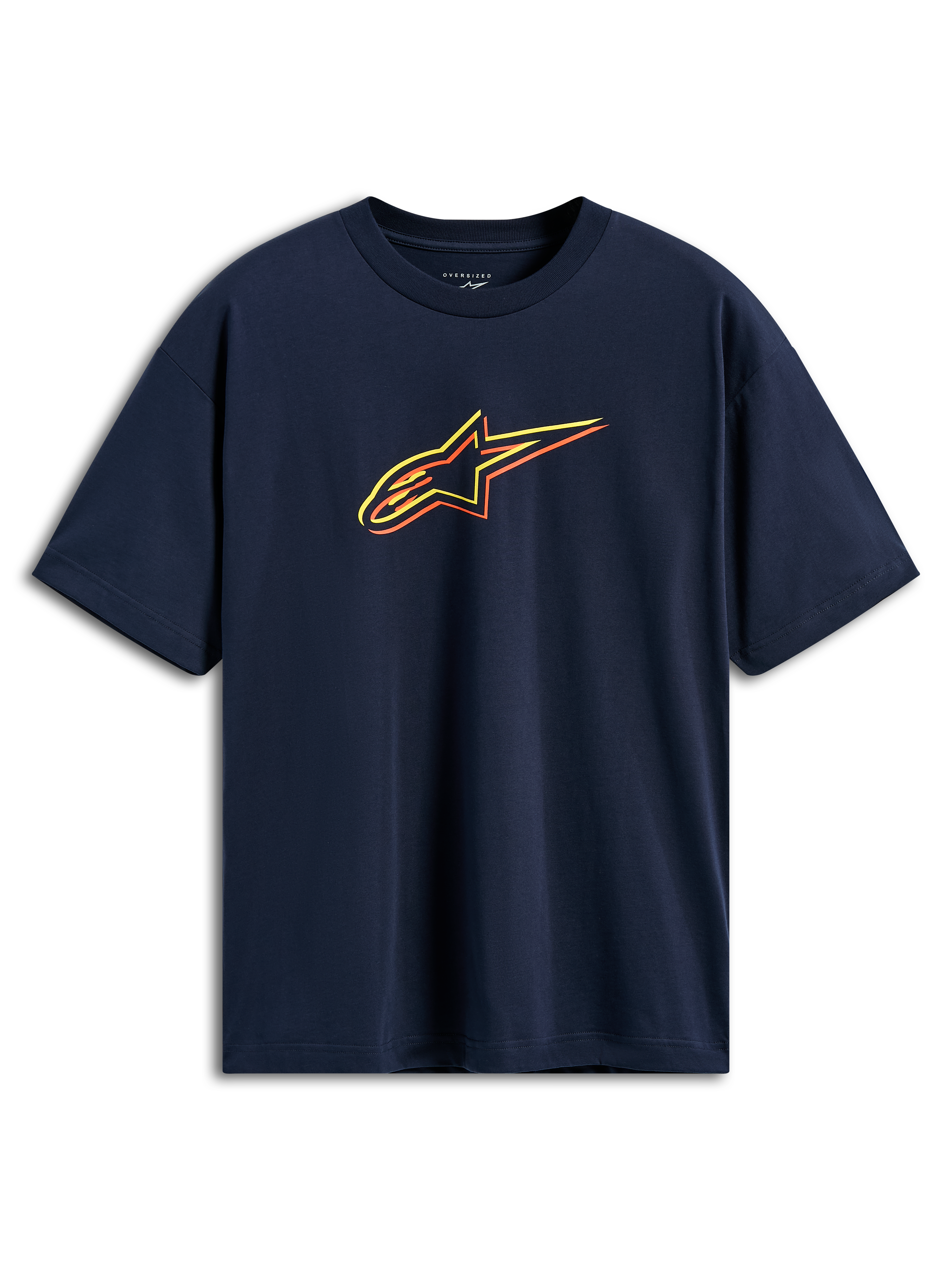 Alpinestars Alter Oversized CSF Tee, Kurzarm-T-Shirt, Navyblau, Astars-Logo mit gelben, orangen und roten Farbumrissen, lässige Motorsport-Streetwear