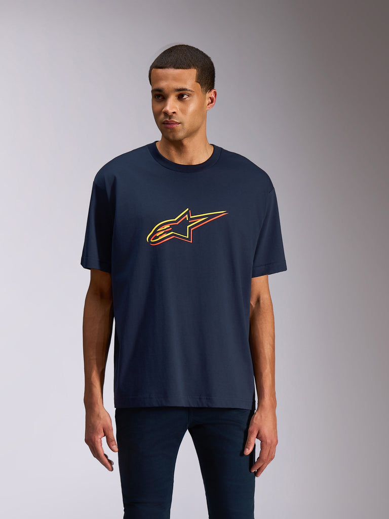 Alpinestars Alter Oversized CSF Tee, Kurzarm-T-Shirt, Marineblau, orangefarbenes und gelbes Astars-Logo mit Farbversatz, lässige Motorsport-Streetwear