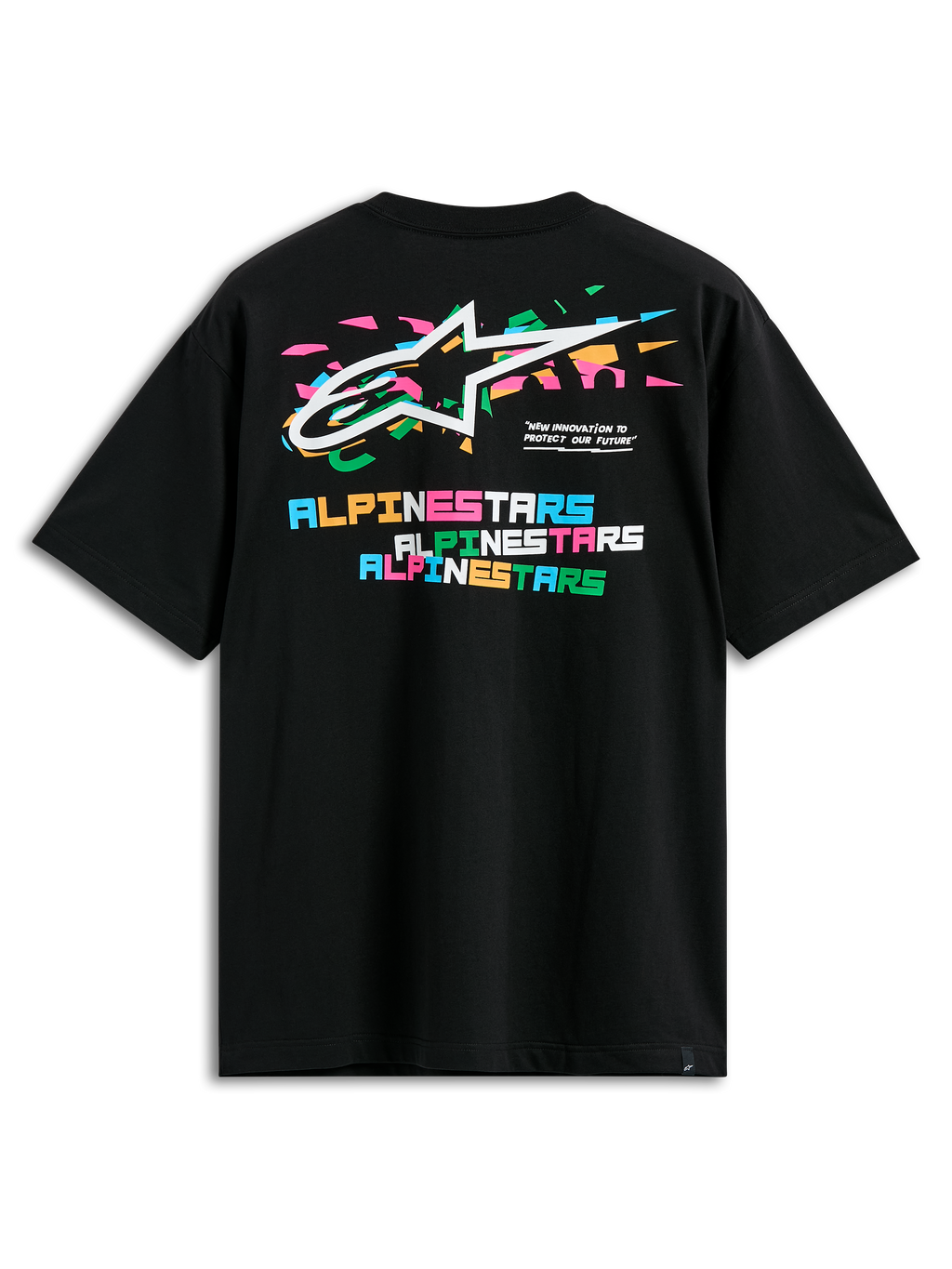 Alpinestars Wild Oversized CSF Tee, Short Sleeve T-Shirt, Black, back view featuring vibrant multi-color Astars logo and stacked block Alpinestars lettering, casual streetwear