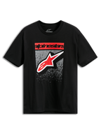Alpinestars Noka CSF Tee, Kurzarm-T-Shirt, Schwarz, roter Alpinestars-Blocktext und Stern-Logo mit grauer MX-Verlaufsgrafik, lässige Motorsport-Streetwear