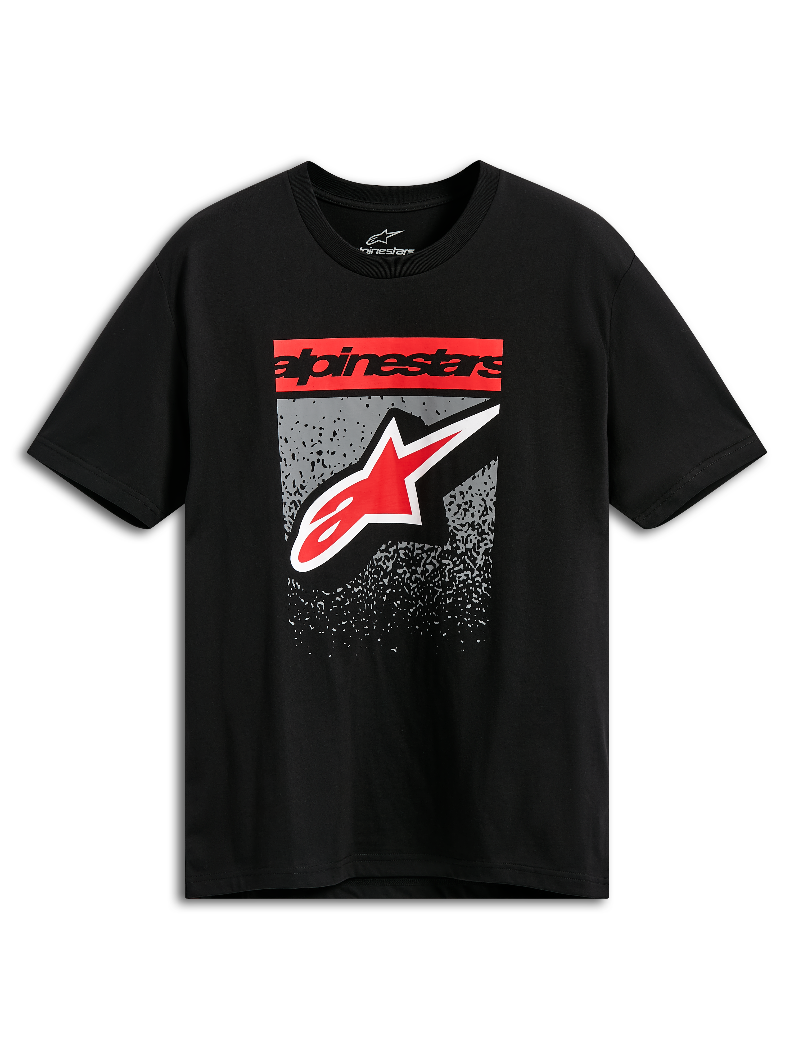 Alpinestars Noka CSF Tee, Kurzarm-T-Shirt, Schwarz, roter Alpinestars-Blocktext und Stern-Logo mit grauer MX-Verlaufsgrafik, lässige Motorsport-Streetwear