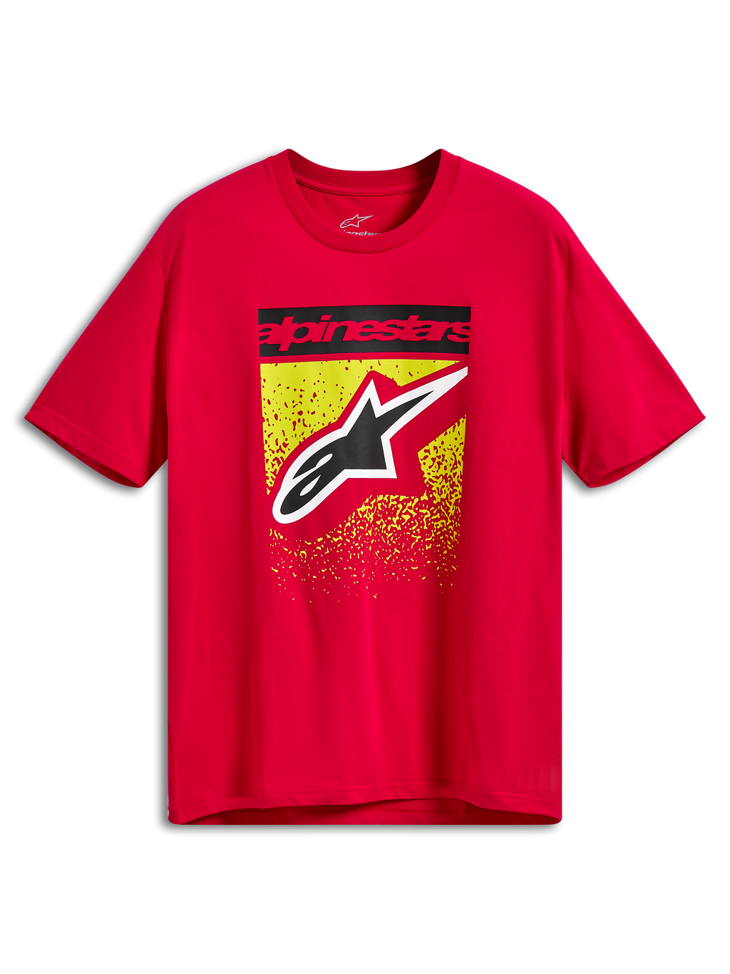 Alpinestars Noka CSF Tee, kurzärmeliges T-Shirt, Rot, Frontgrafik mit schwarzem Alpinestars-Textbalken und großem Astars-Logo über gelb-rotem MX-Farbverlauf-Splatter, Freizeit-Motorsportbekleidung
