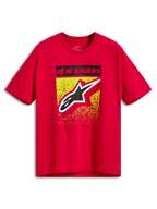 Alpinestars Noka CSF Tee, kurzärmeliges T-Shirt, Rot, Frontgrafik mit schwarzem Alpinestars-Textbalken und großem Astars-Logo über gelb-rotem MX-Farbverlauf-Splatter, Freizeit-Motorsportbekleidung