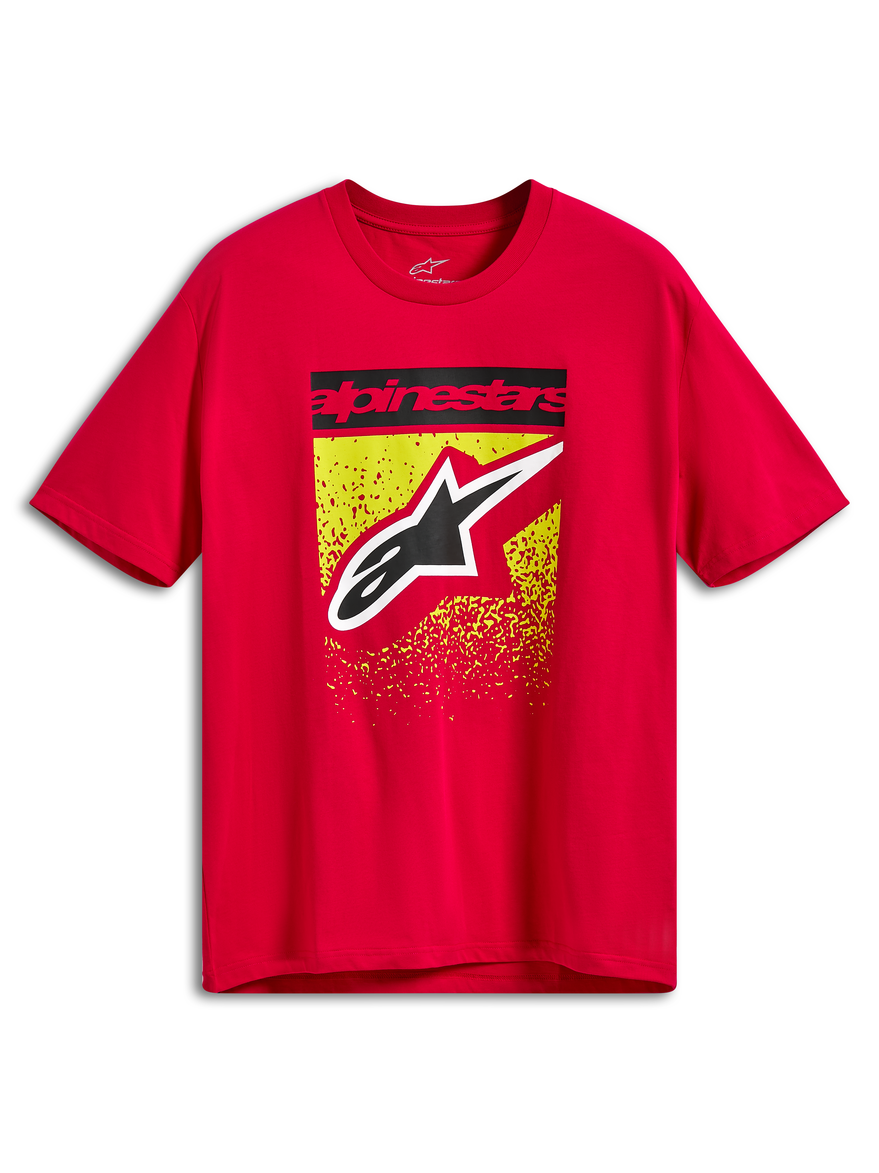 Alpinestars Noka CSF Tee, kurzärmeliges T-Shirt, Rot, Frontgrafik mit schwarzem Alpinestars-Textbalken und großem Astars-Logo über gelb-rotem MX-Farbverlauf-Splatter, Freizeit-Motorsportbekleidung
